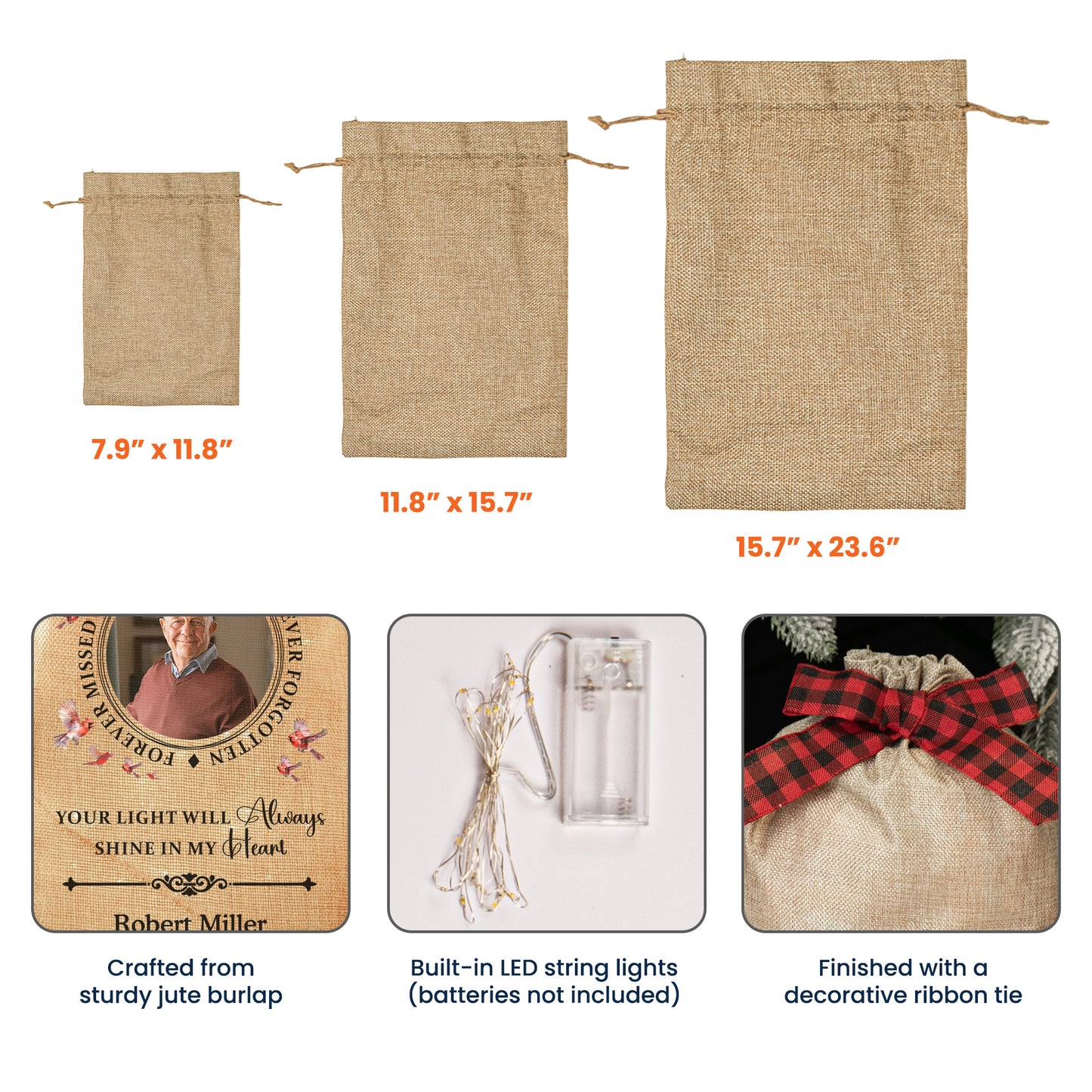 Your Light Will Always Shine In Our Hearts Memorial - Personalized Photo Lighted Burlap Sack