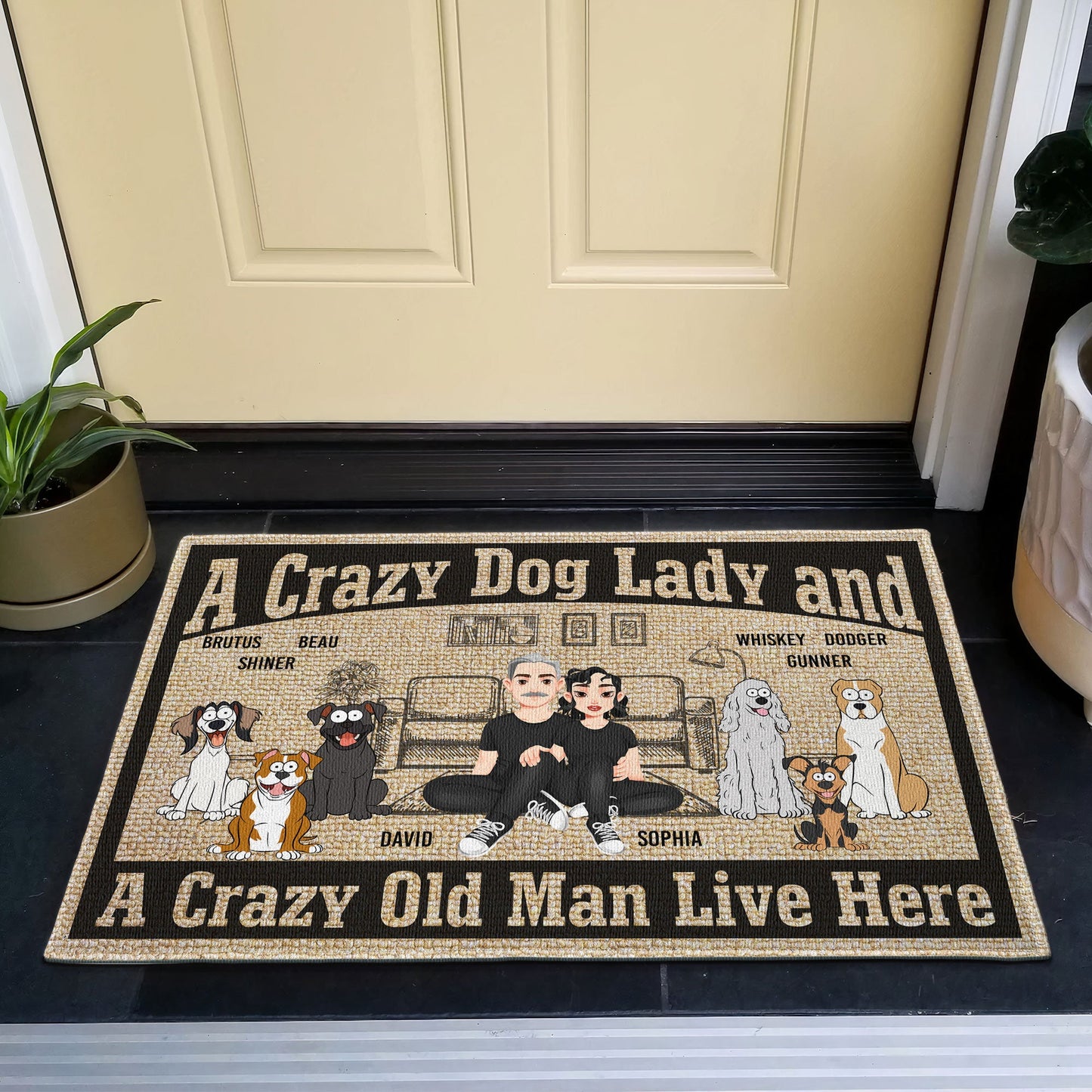 A Crazy Dog Lady And A Crazy Old Man Live Here - Personalized Doormat