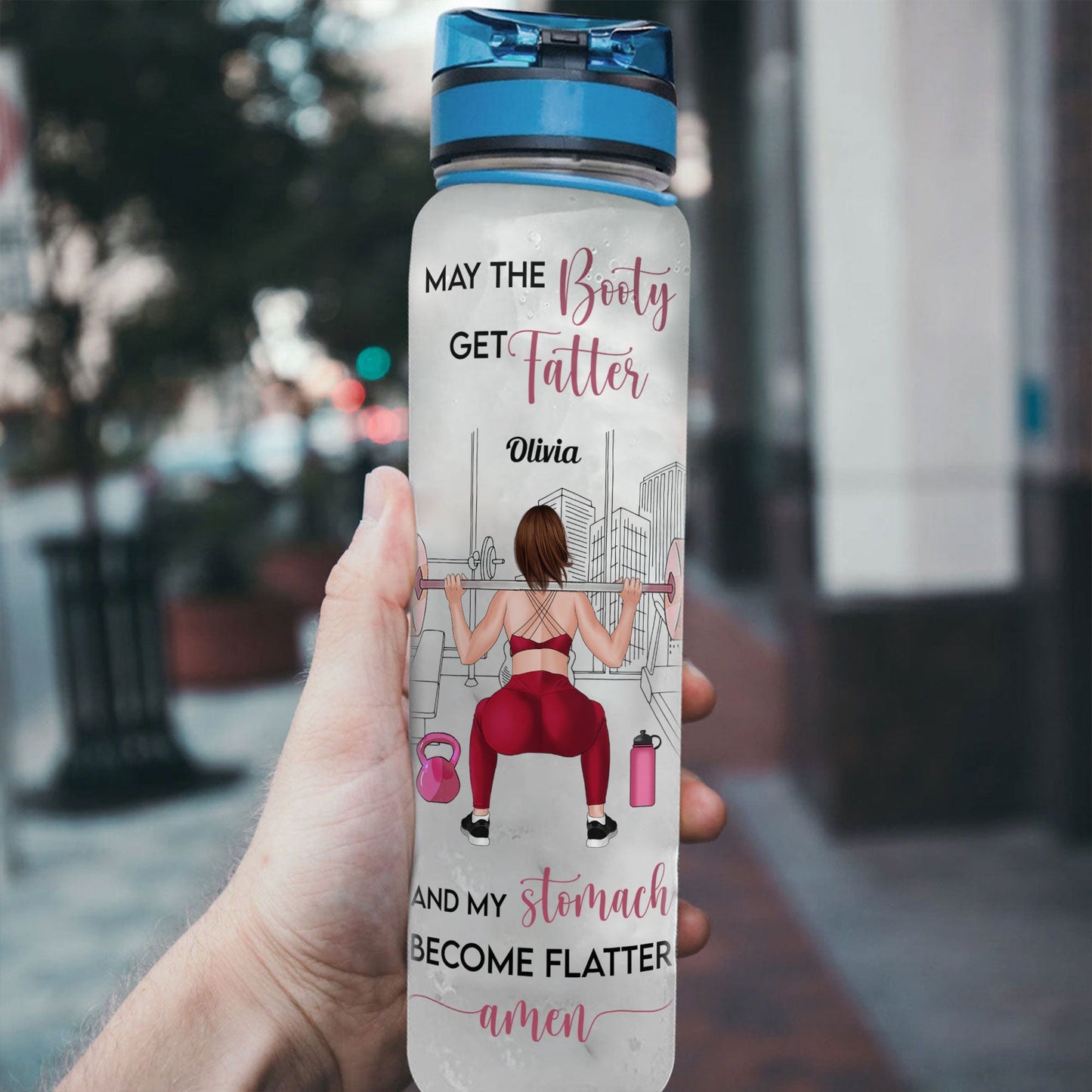 Booty Get Fatter - Personalized Water Bottle With Time Marker - Birthday, Motivation Gift For Fitness Girl, Personal Trainer, Gymer - Squat Girl