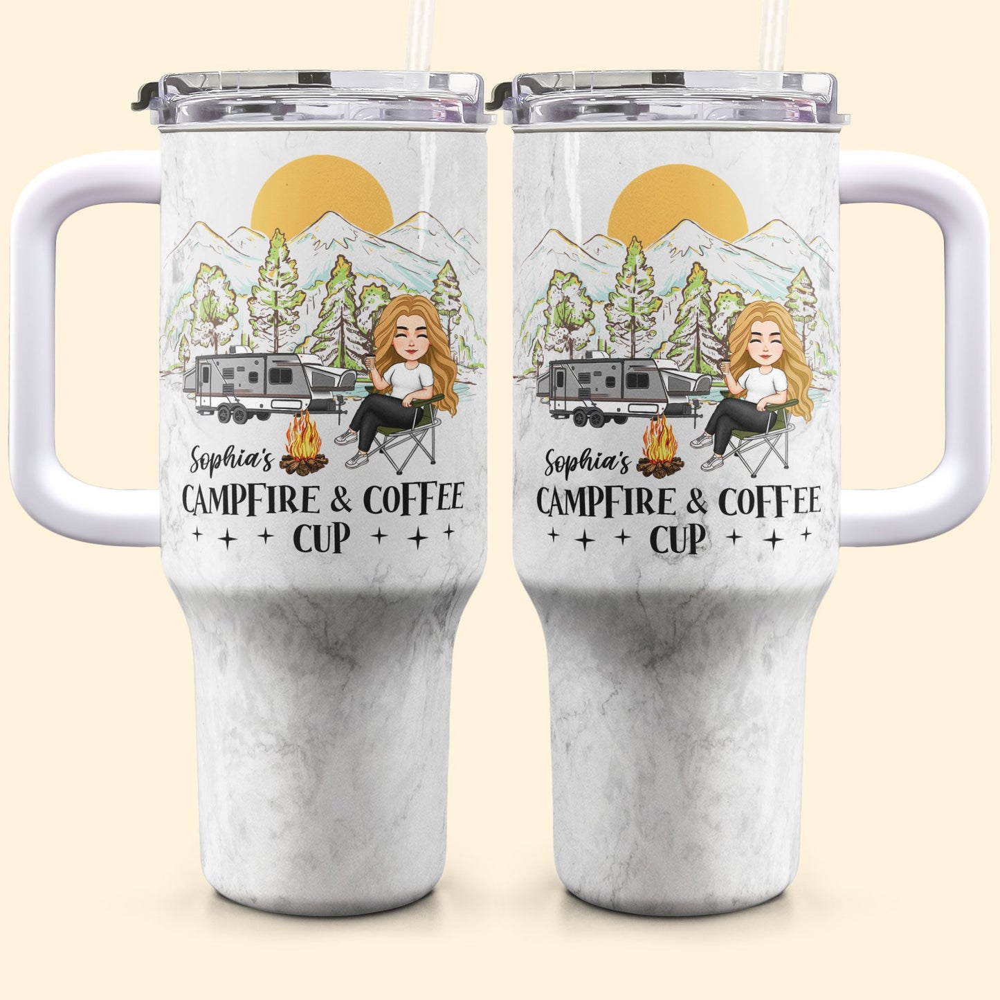 Campfire And Coffee Cup - Personalized 40oz Tumbler With Straw