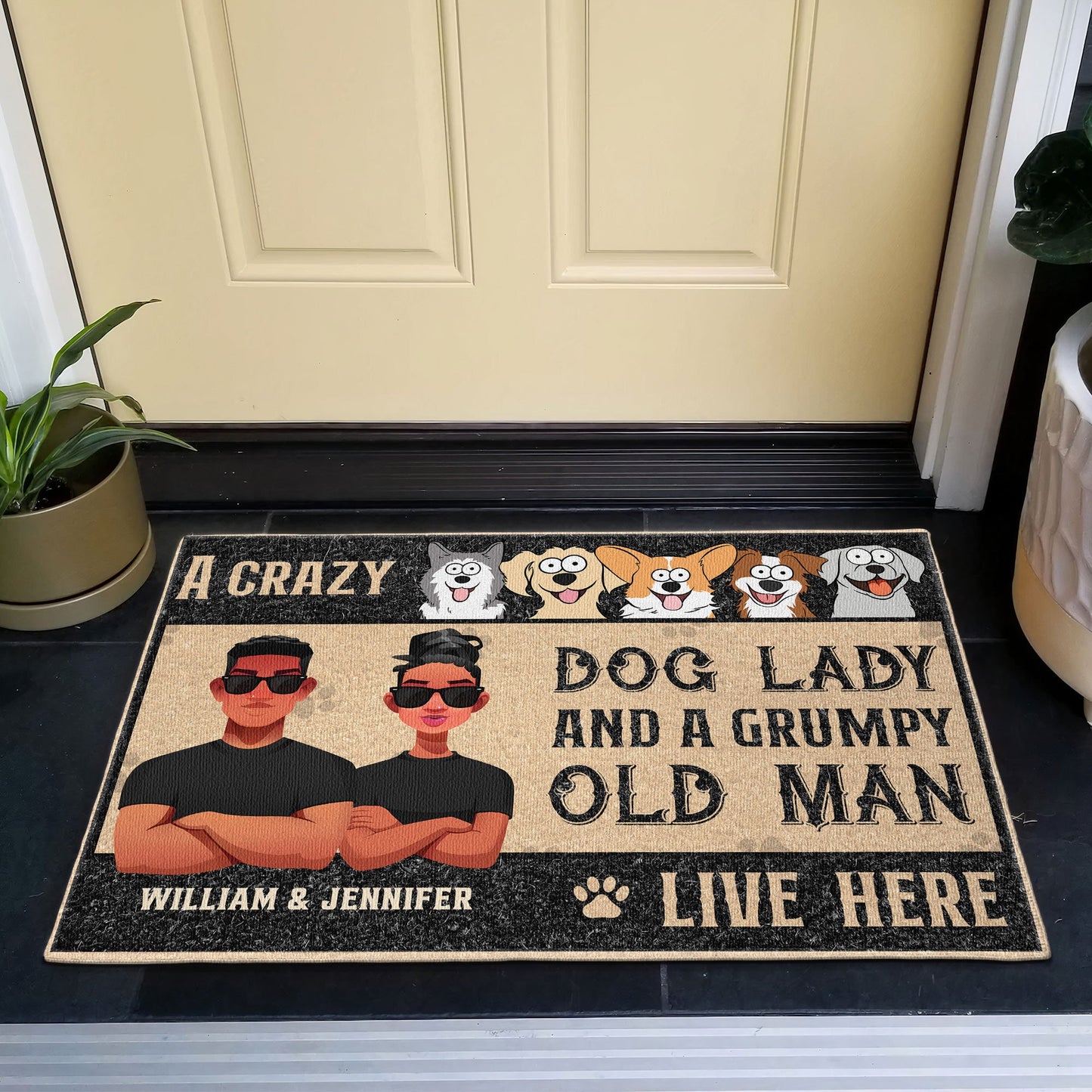 Crazy Dog Lady And Grumpy Old Man Live Here - Personalized Doormat