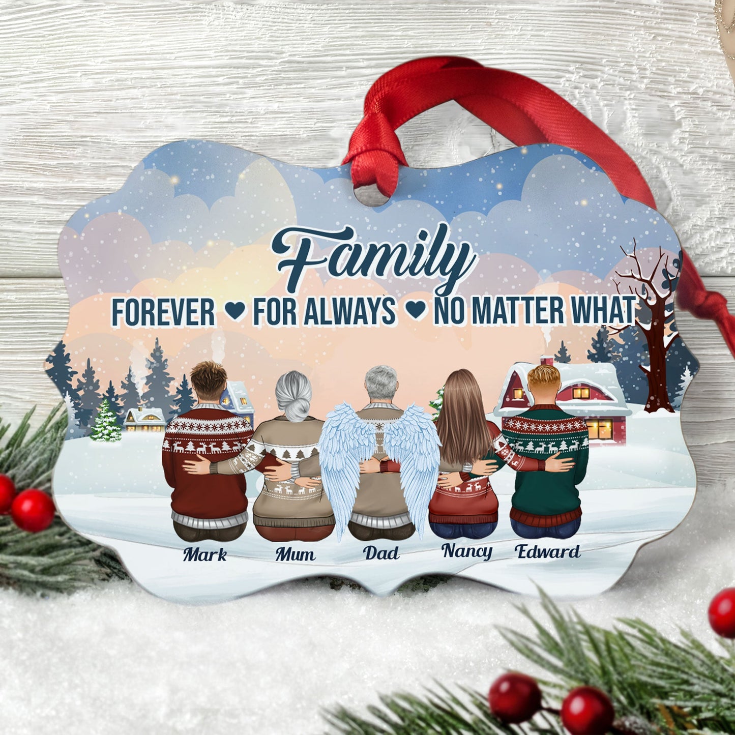 Family Forever For Always No Matter What - Personalized Aluminum Ornament - Christmas Gift Family Ornament For Mom, Dad, Siblings - Family Hugging