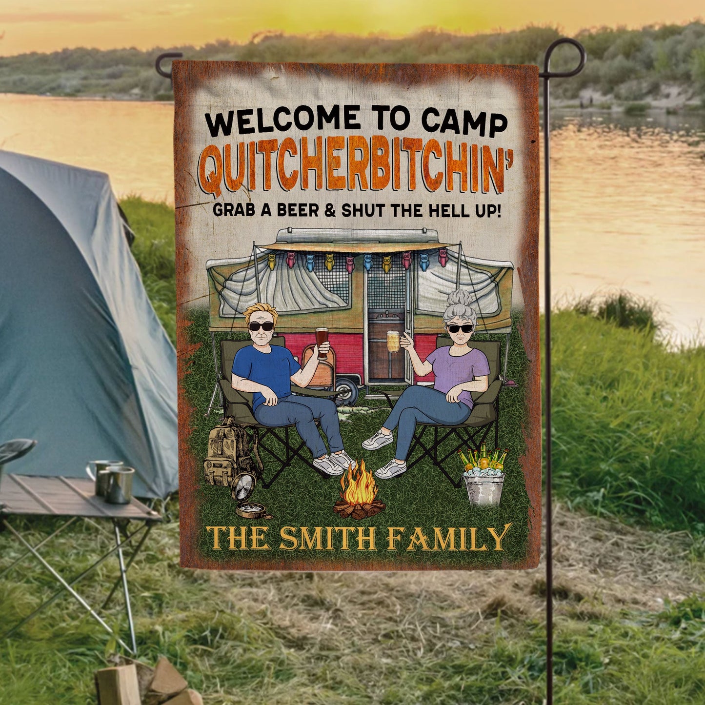 Grab A Beer And Shut The Hell Up - Personalized Flag - Birthday, Funny Gift For Family, Camping Lovers