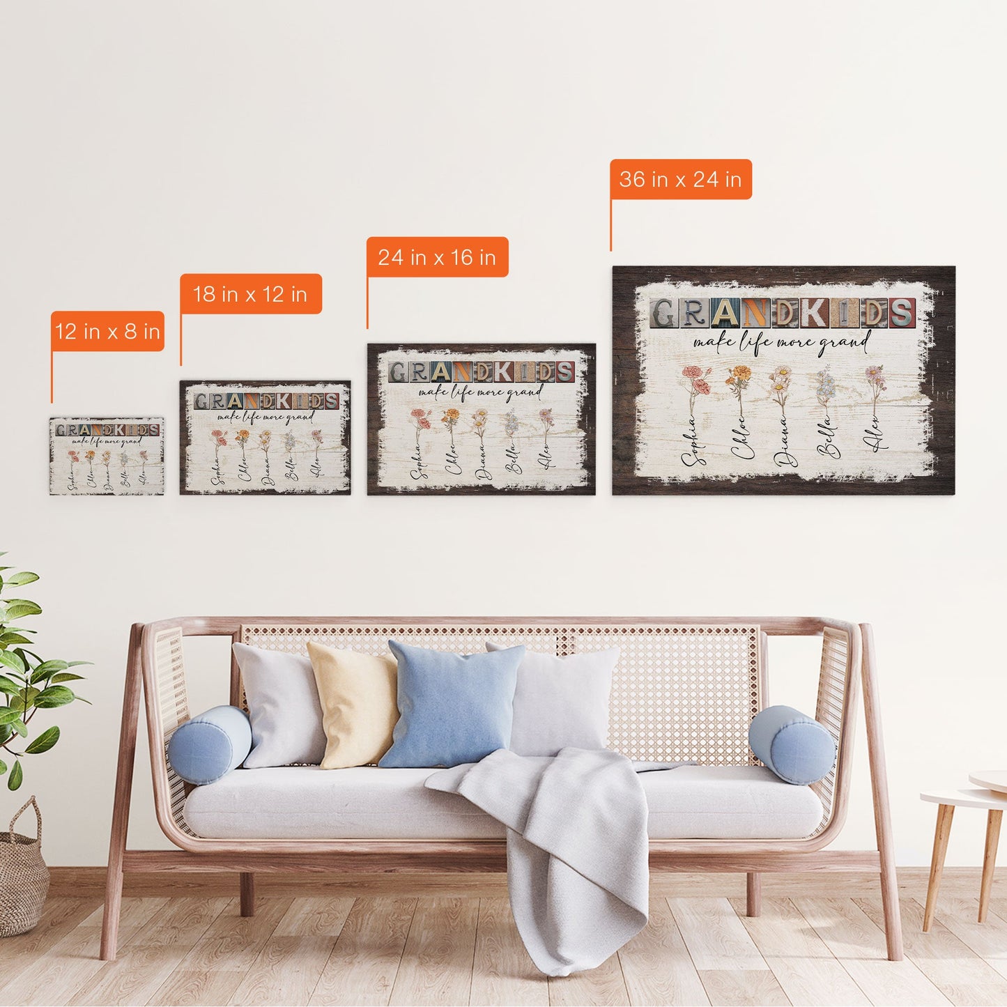 Grandkids Make Life More Grand - Personalized Wrapped Canvas - Birth Month Flowers