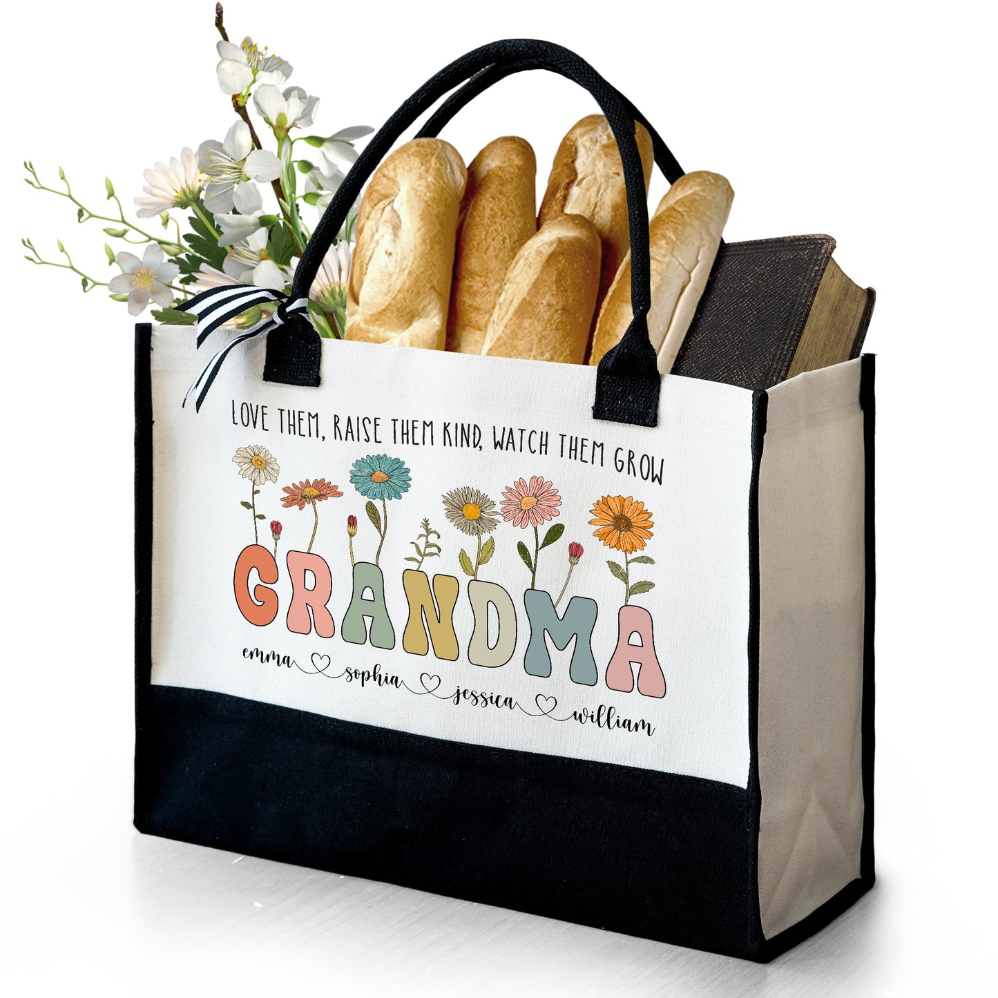 Grandma Wild Floral Custom Grandkids' Names - Personalized Canvas Tote Bag