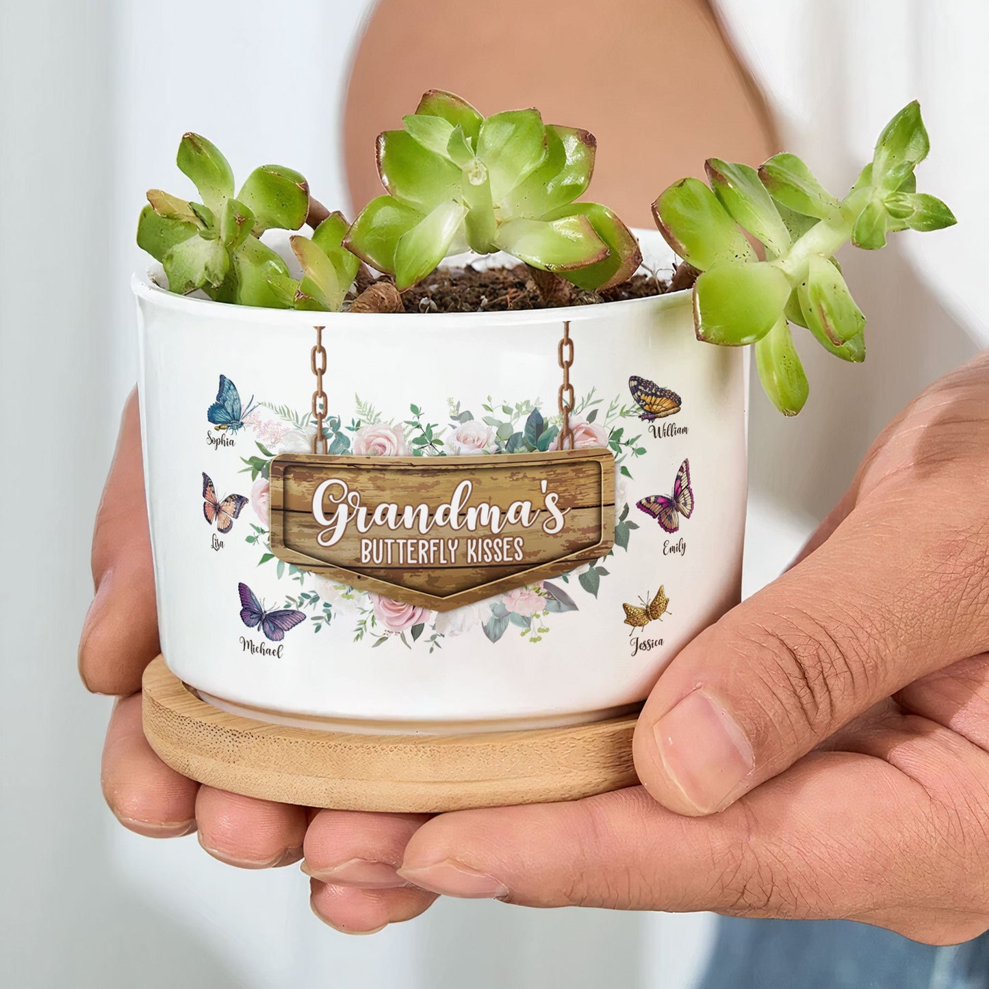 Grandma's Butterfly Kisses - Personalized Ceramic Plant Pot With Tray
