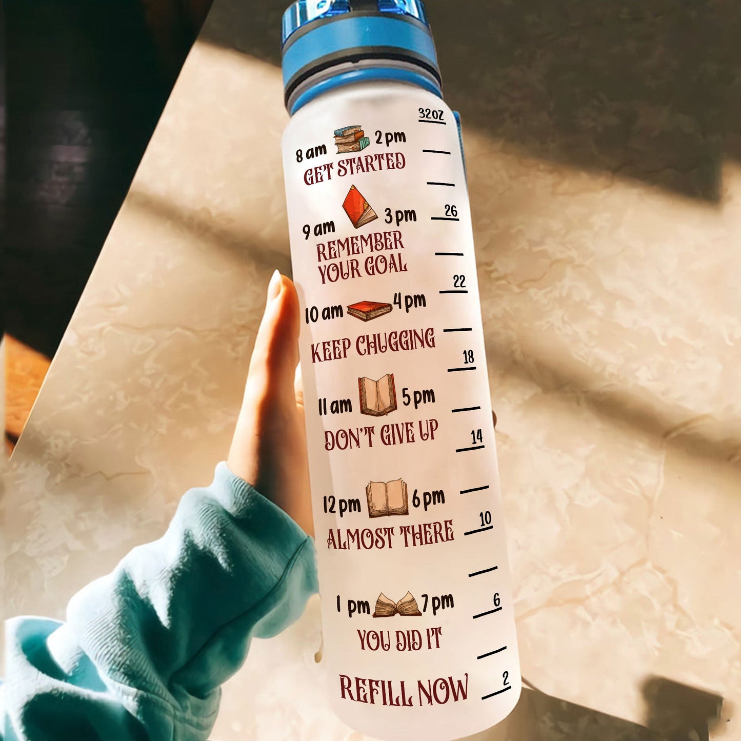 I Read Books I Drink Water - Personalized Water Bottle With Time Marker - Birthday, Motivation Gift For Book Lover, Bookworms