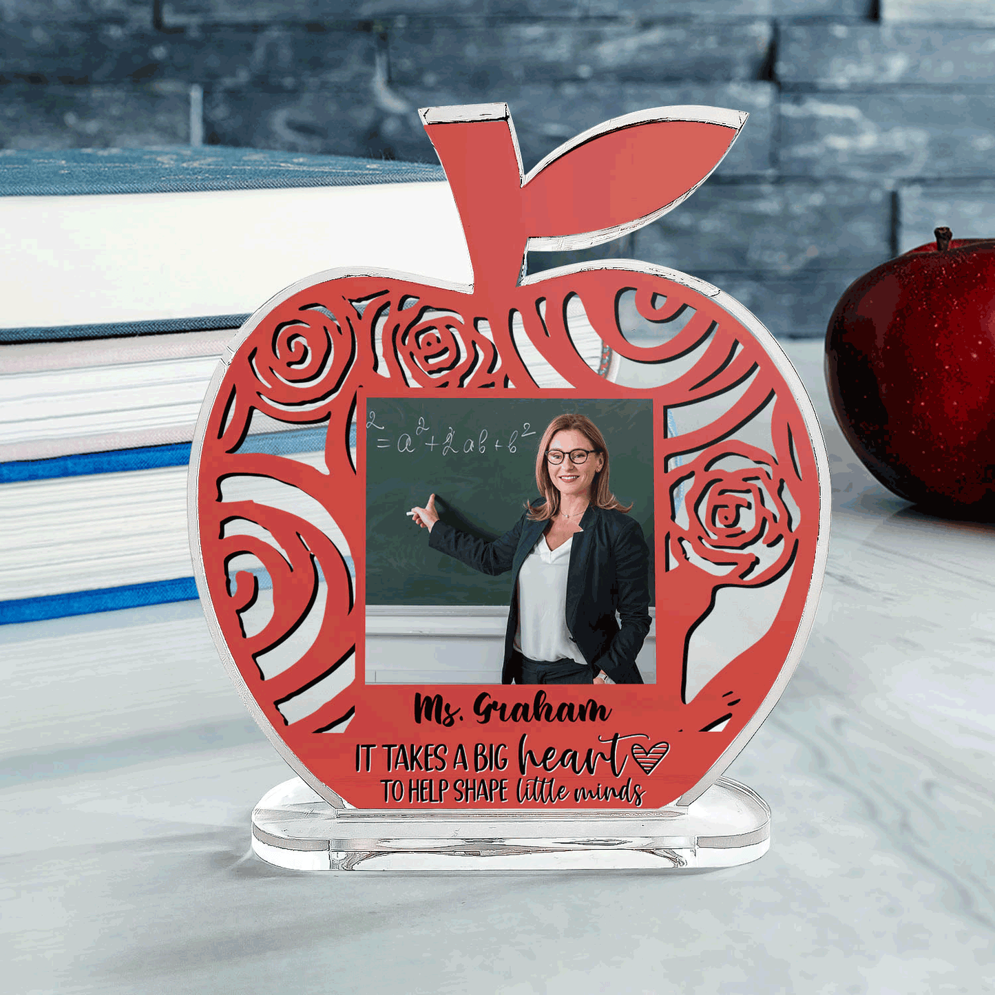 It Takes A Big Heart To Shape Little Minds - Personalized Apple Shaped Acrylic Plaque - Birthday, School Leaving, Year End, Appreciation Gift For Teachers, Teacher Assistants - From Students & Family