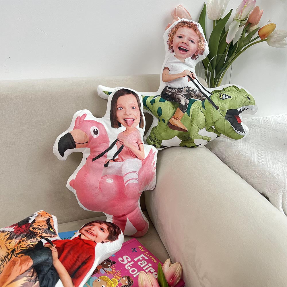 Kids Riding Dinosaur Unicorn For Sons, Daughters - Personalized Photo Custom Shaped Pillow