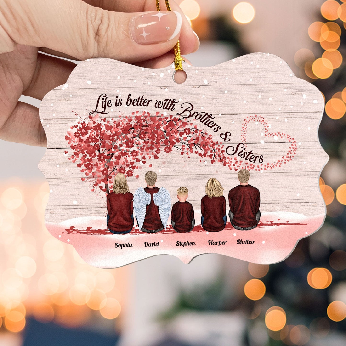 Life Is Better With Brothers & Sisters - Sitting Family - Red Tree - Personalized Aluminum Ornament - Christmas, New Year Gift For Family, Sisters, Brothers, Siblings