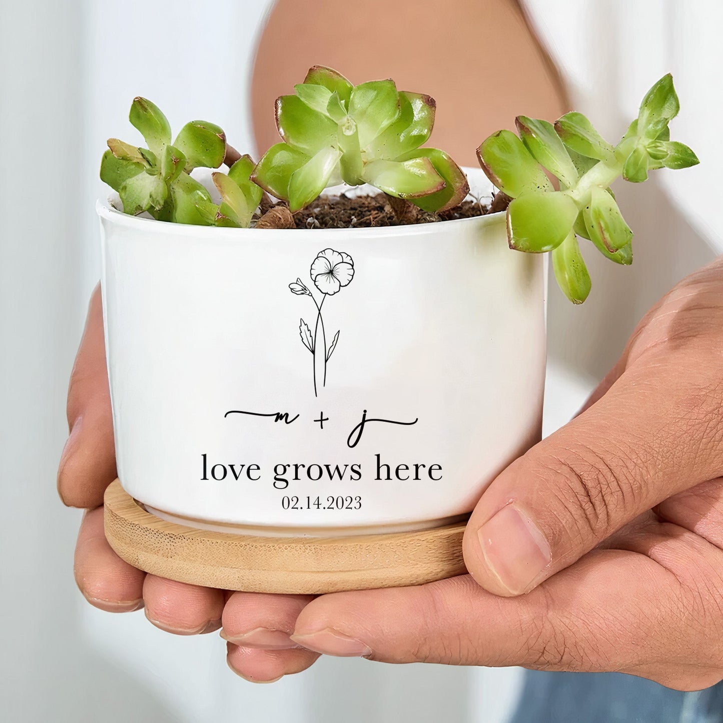 Love Grows Here Engagement Gift - Personalized Ceramic Plant Pot With Tray