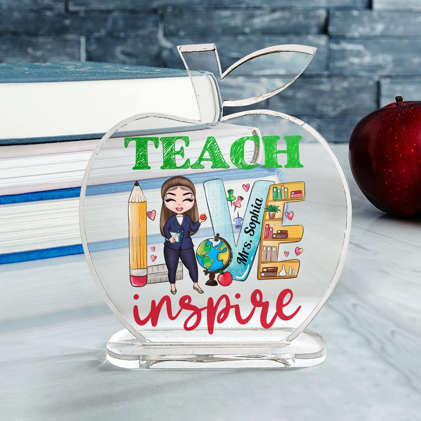 Love Teach Inspire - Personalized Apple Shaped Acrylic Plaque - Birthday, Appreciation, School Leaving Gift For Teacher, Lecturer - From Students