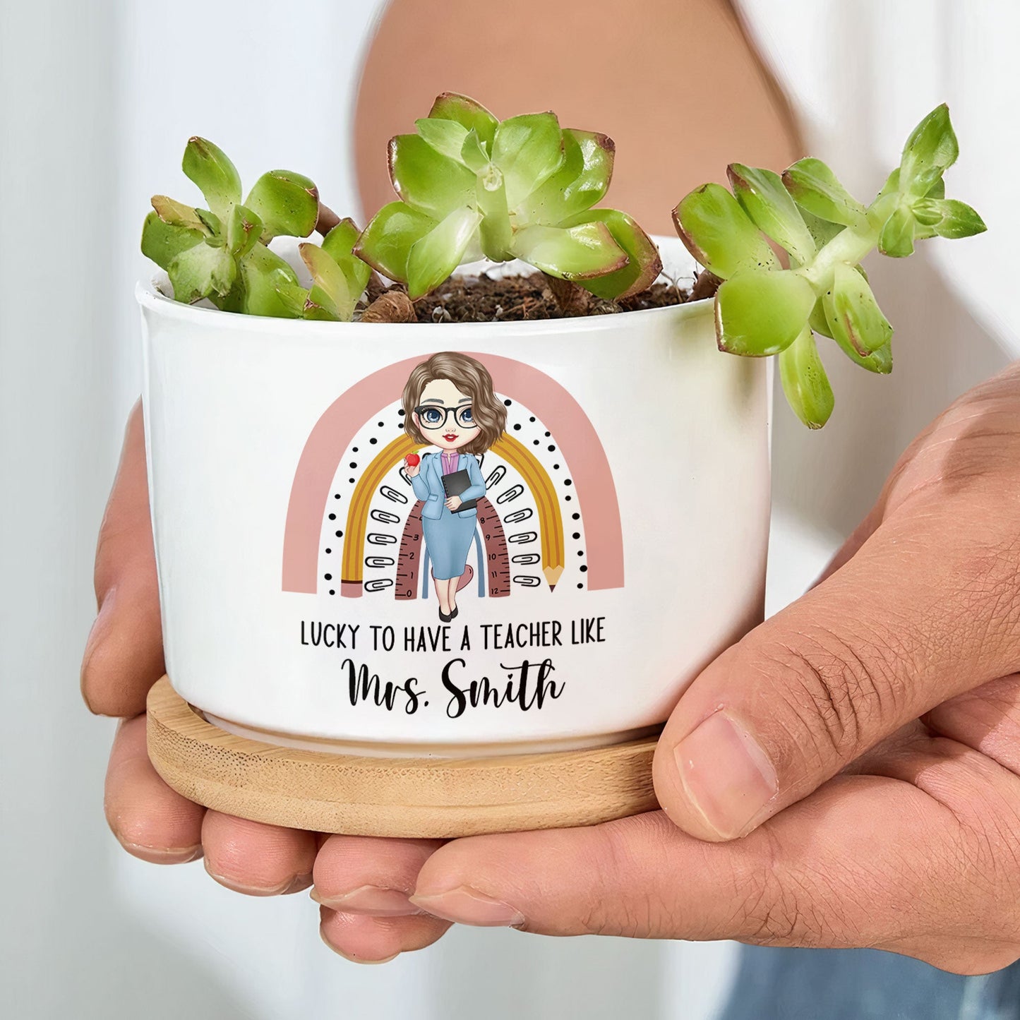 Lucky To Have A Teacher Like You - Personalized Ceramic Plant Pot With Tray