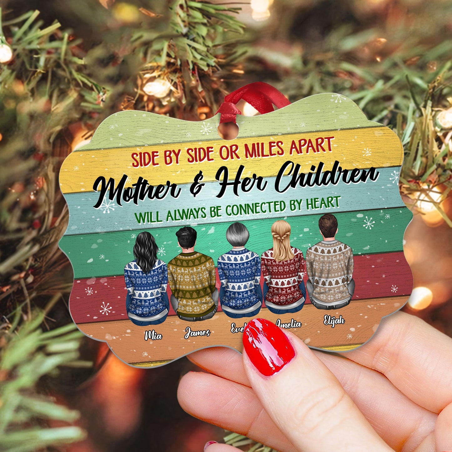 Mother And Her Children Will Always Be Connected By Heart - Personalized Aluminum Ornament - Christmas Gift Mother Ornament For Dad, Mom - Ugly Christmas Sweater Sitting