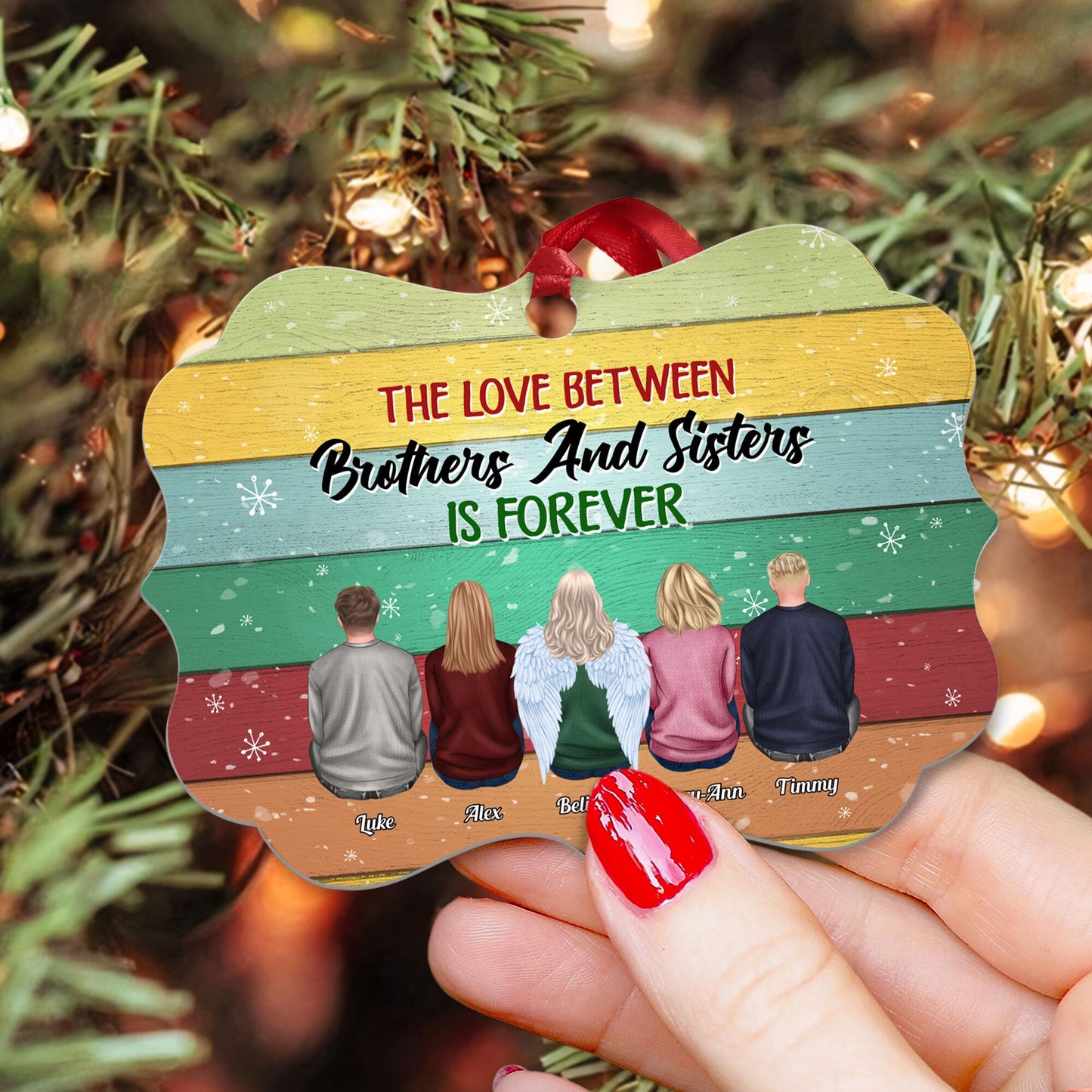 Side By Side Or Miles Apart - Personalized Aluminum Ornament - Christmas Gift For Brothers, Sisters - Ugly Christmas Sweater Sitting