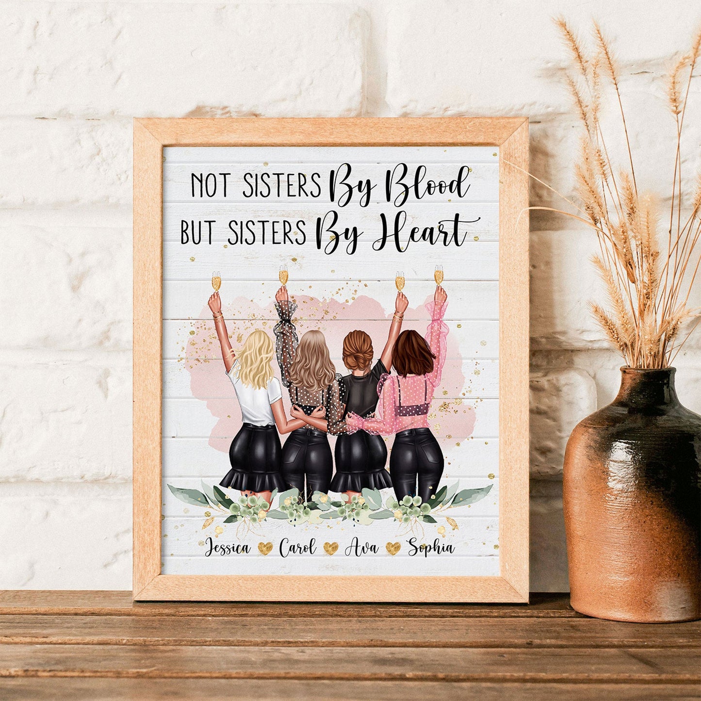 Not Sisters By Blood But Sisters By Heart - Personalized Poster - Birthday Gift For Sister, Soul Sister, Best Friend, BFF, Bestie, Friend - Party Girls Illustration