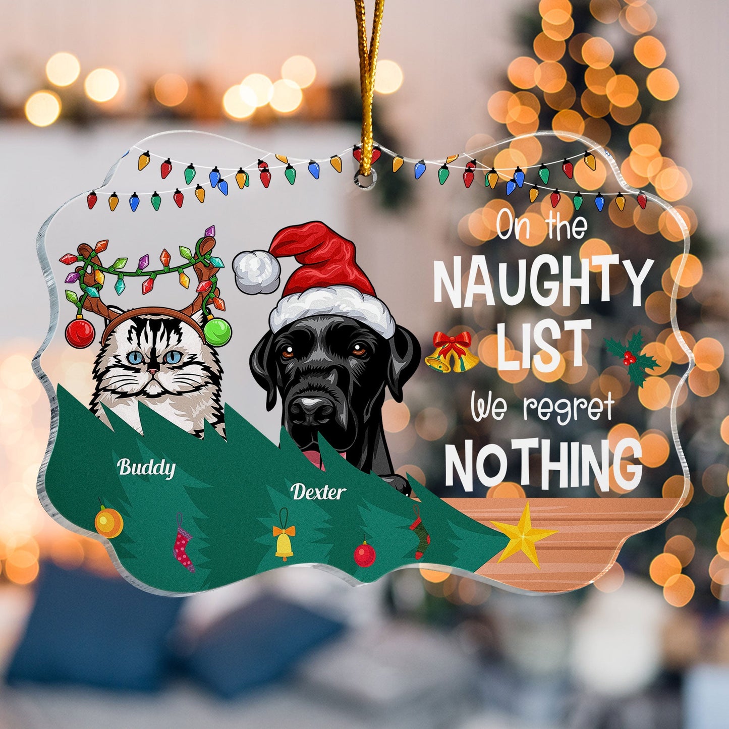On The Naughty List We Regret Nothing - Personalized Acrylic Ornament - Christmas, New Year Gift For Dog Mom, Dog Dad, Cat Mom, Cat Dad, Pet Owner