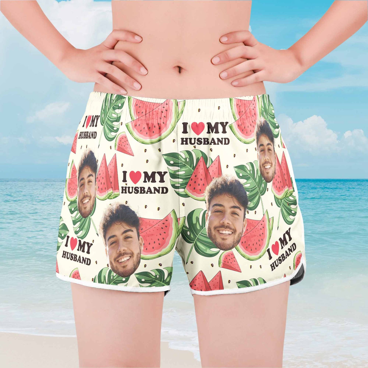 I Love My Wife I Love My Husband - Personalized Photo Couple Beach Shorts