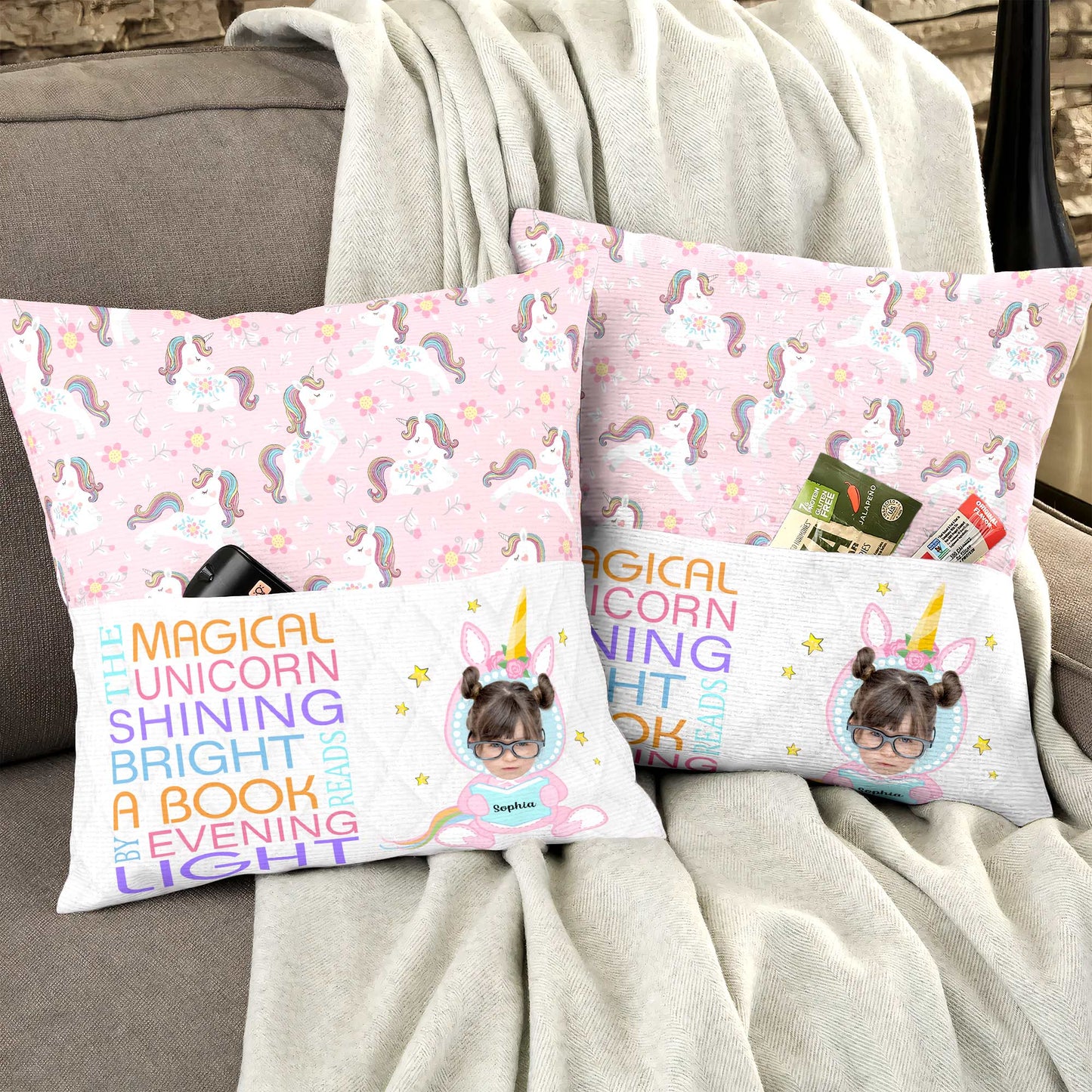 Rainbow Hair Unicorn - Personalized Photo Pocket Pillow (Insert Included)