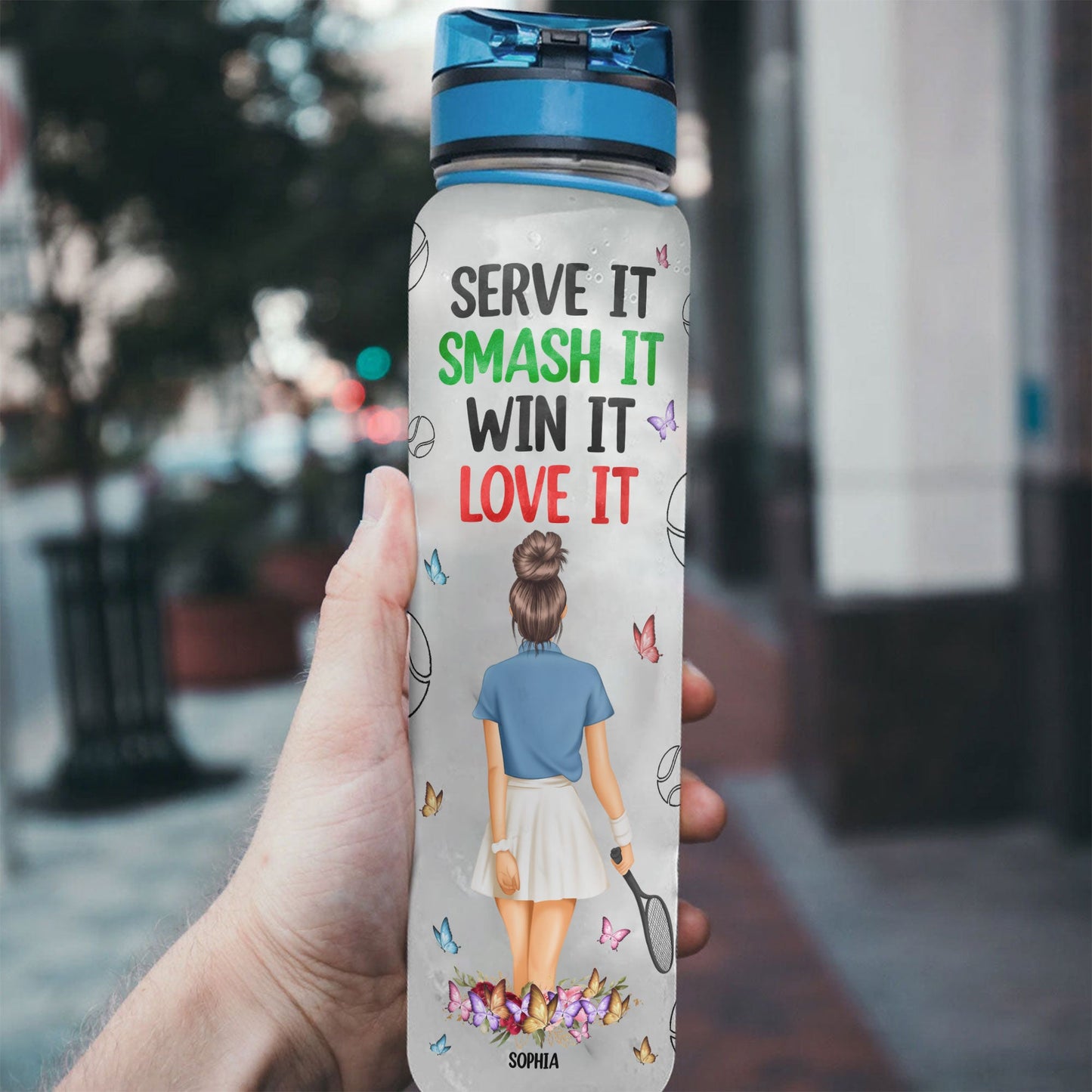 Serve It, Smash It, Win It, Love It - Personalized Water Bottle With Time Marker