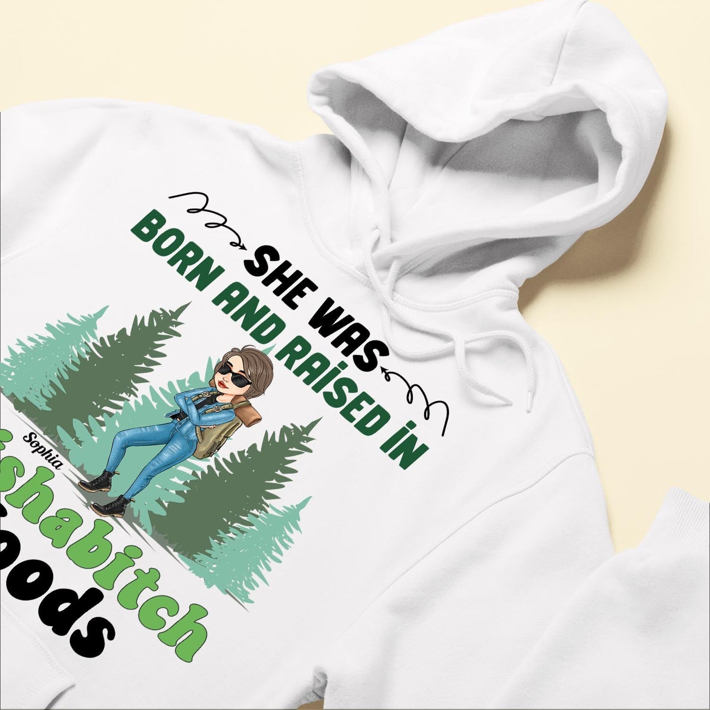 She Was Born And Raised In Wishabitch Woods - Personalized Shirt - Birthday Gift For Her, Girl, Woman, Camping Lovers