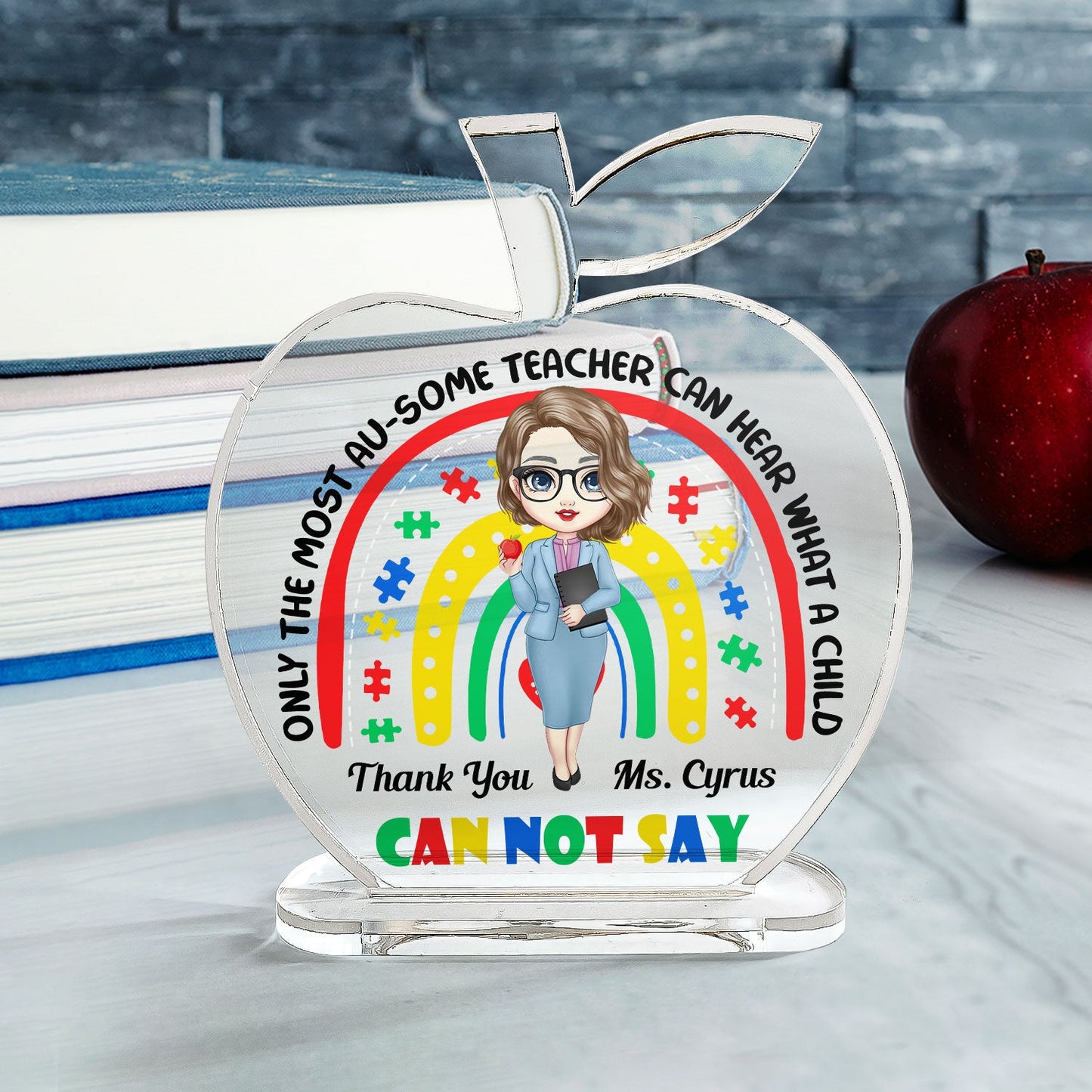 The Most Au-Some Teacher - Personalized Apple Shaped Acrylic Plaque - Birthday, Year End, School Leaving Gift For Teachers, Teacher Assistants - From Autism Students' Family