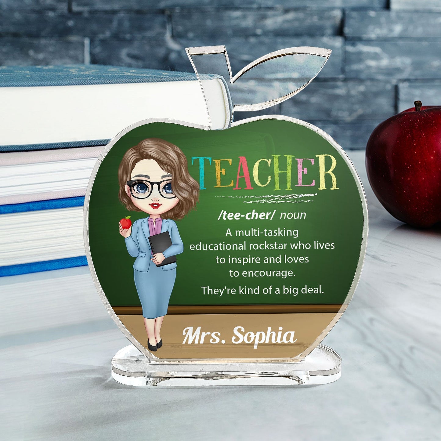 Teacher Definition - Personalized Apple Shaped Acrylic Plaque - Birthday, Appreciation, Desk Decor Gift For Teachers