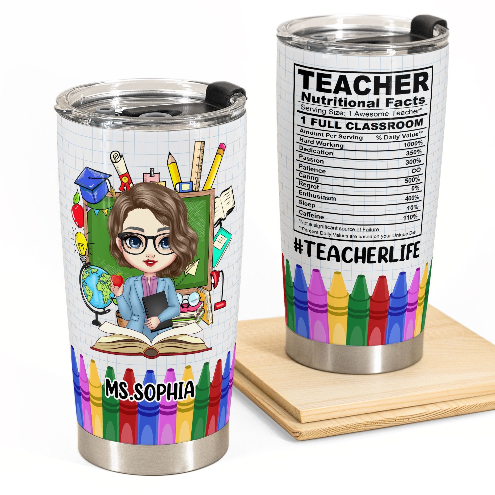 Personalized Teacher Nutrition Facts Crayons Teacher Life Back To School  Tumbler For Teacher