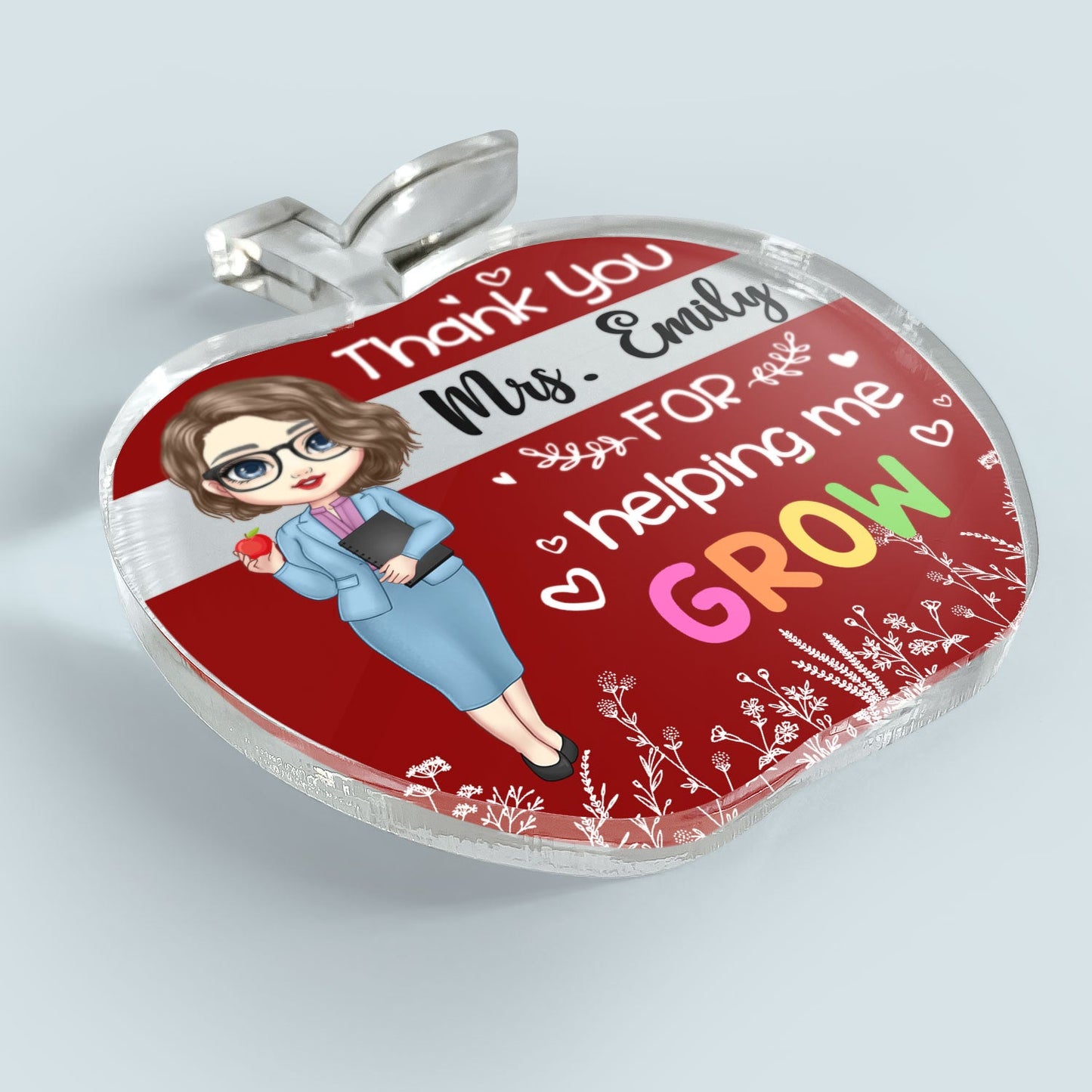 Thank You For Helping Me Grow - Personalized Apple Shaped Acrylic Plaque - Birthday, School Leaving, Appreciation Gift For Teachers - From Students