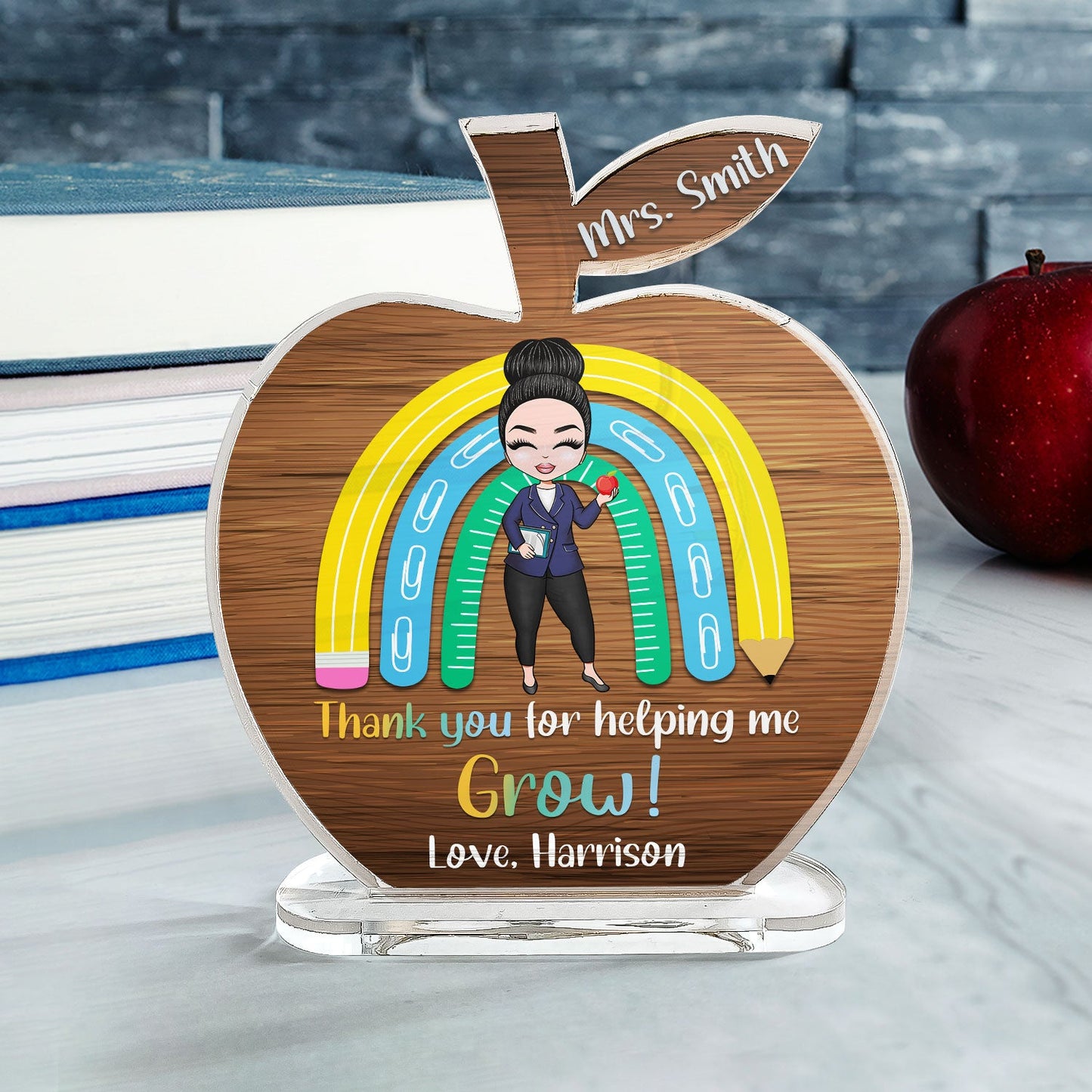 Thank You For Helping Me Grow - Personalized Apple Shaped Acrylic Plaque - Birthday, Teacher Day Gift For Teachers