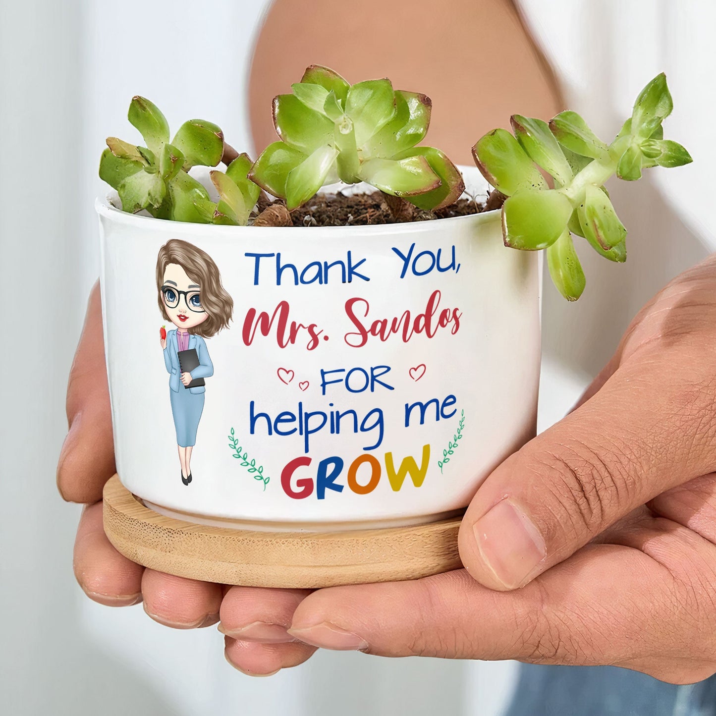 Thank You For Helping Me Grow - Personalized Ceramic Plant Pot With Tray