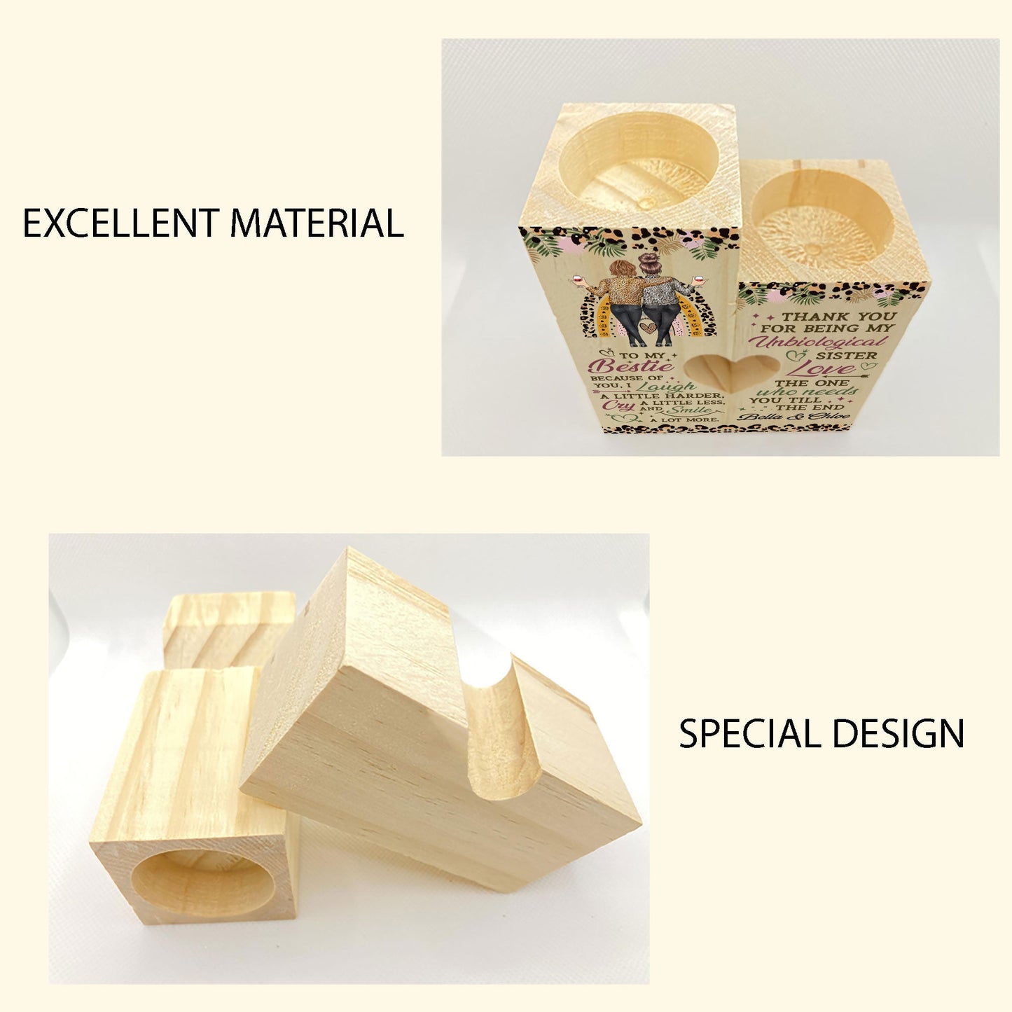 Thanks For Being My Unbiological Sister - Personalized Wood Candle Holder - Birthday, Heartwarming Gift For Besties, Friends, Soul Sisters, BFFs