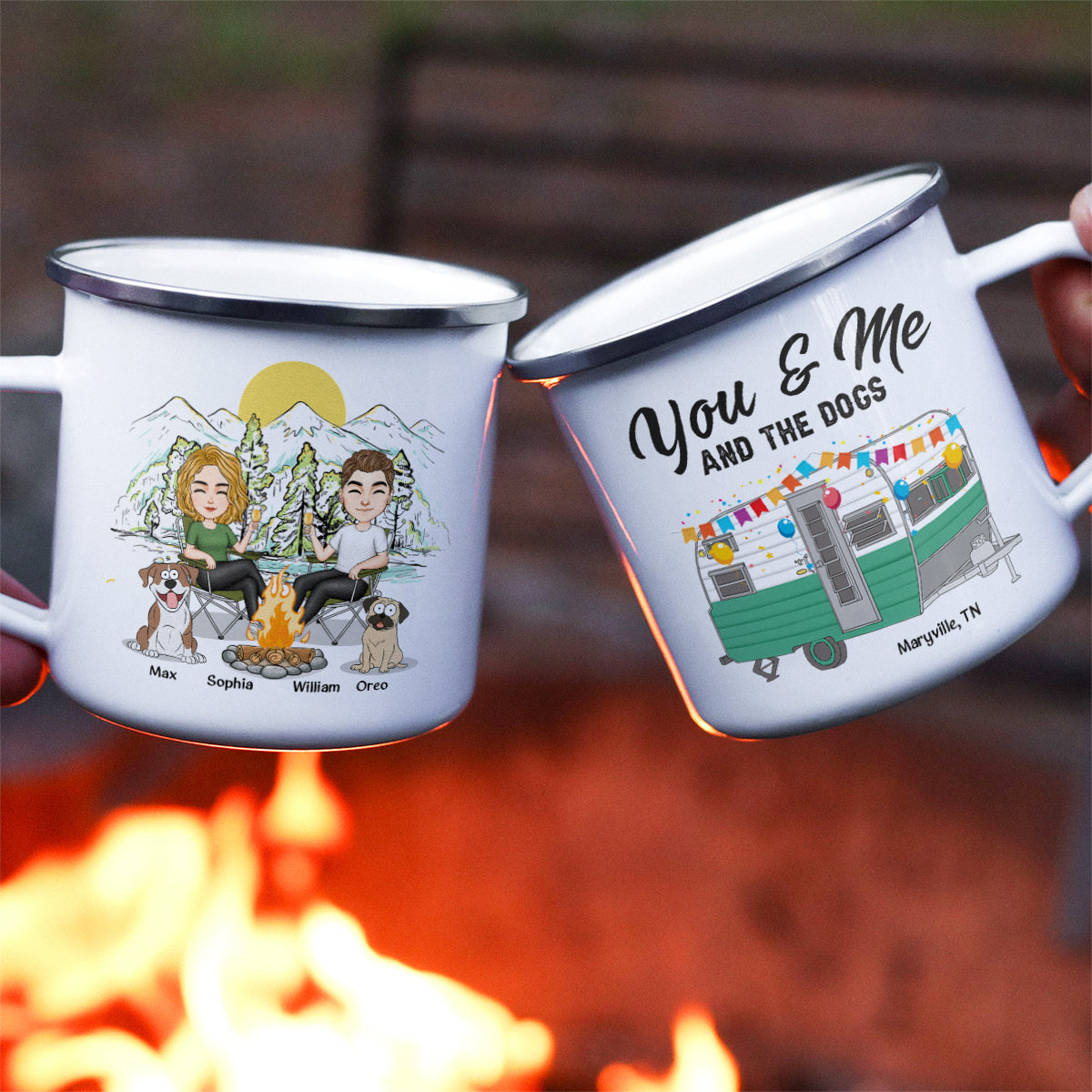 You & Me And The Dogs Camping - Personalized Enamel Mug