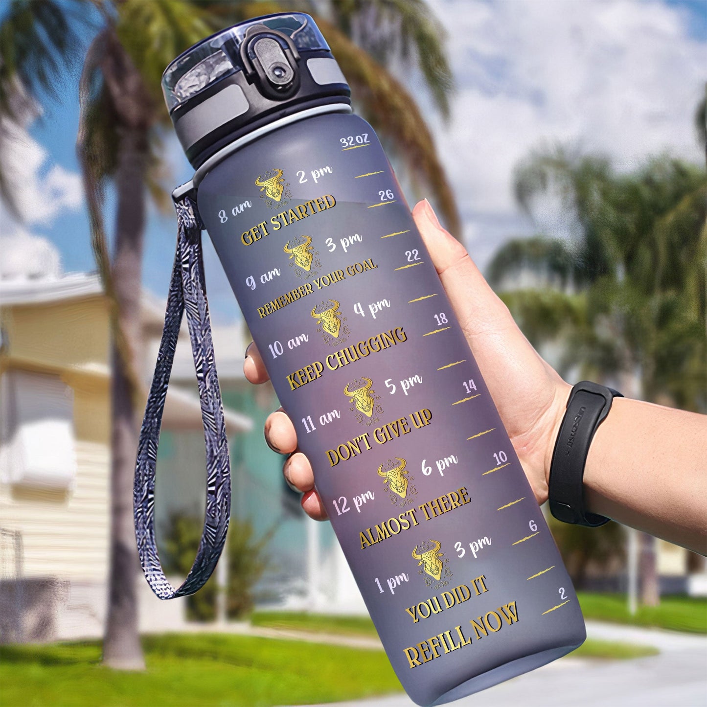 Zodiac Queen - Personalized Water Bottle With Time Marker - Birthday, Motivation Gift For Girl, Friend, Astrology Lover