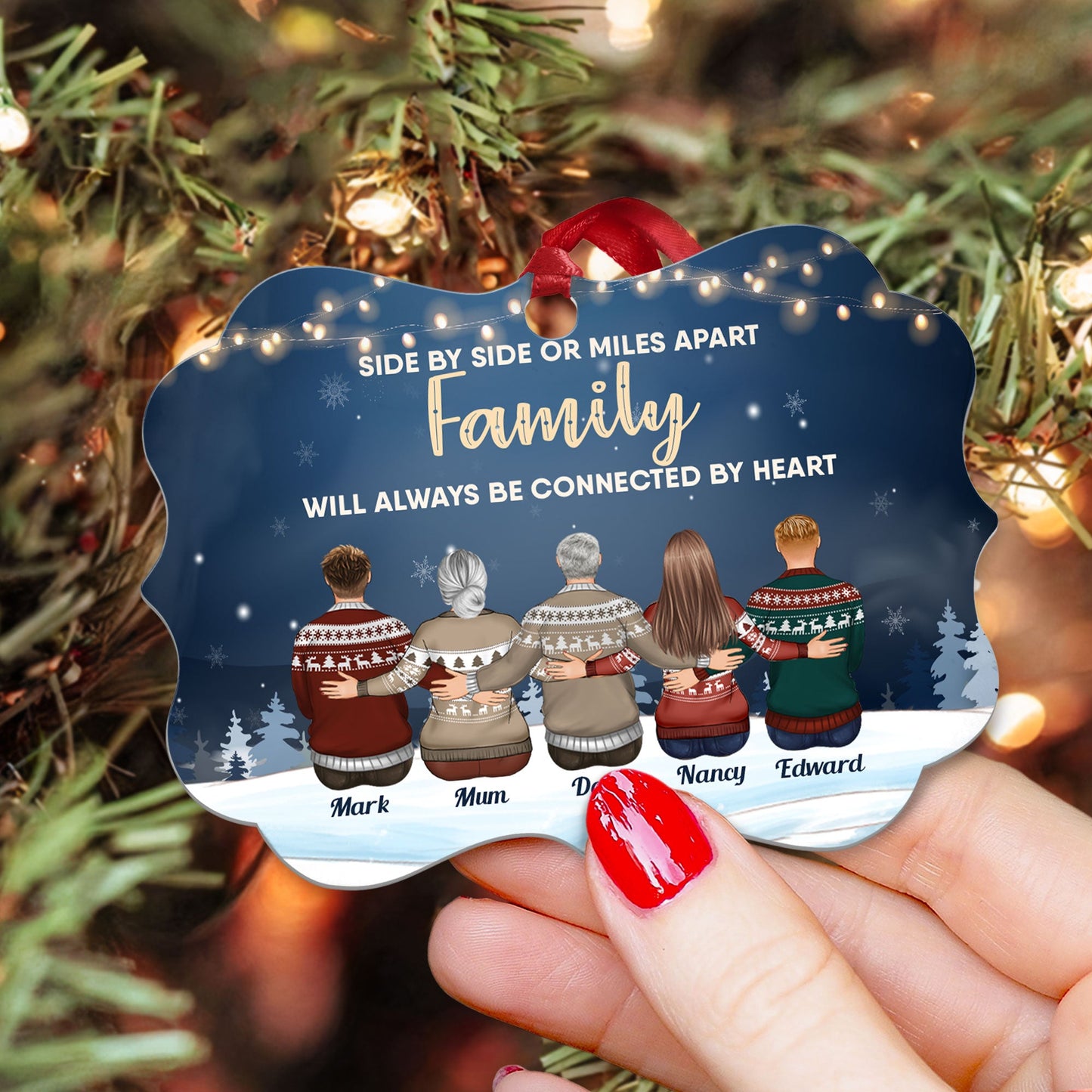 Family Connected By Heart - Personalized Wooden/Aluminum Ornament - Family Hugging