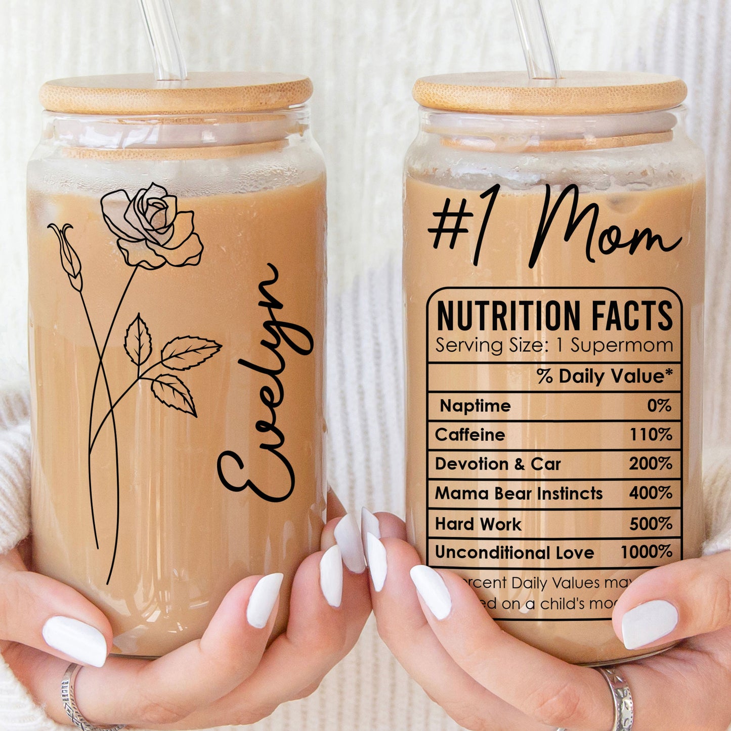 #1 Mom Nutrition Facts Custom Birthday Flowers - Personalized Clear Glass Cup