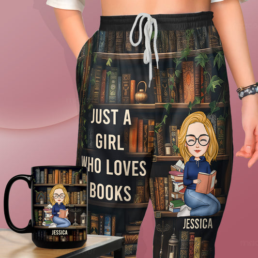 Just A Girl Who Loves Books - Custom Gift Set - Lounge Pants  With Pockets, Custom Pajama Pants, Jogger Sweatpants, Gift For Her