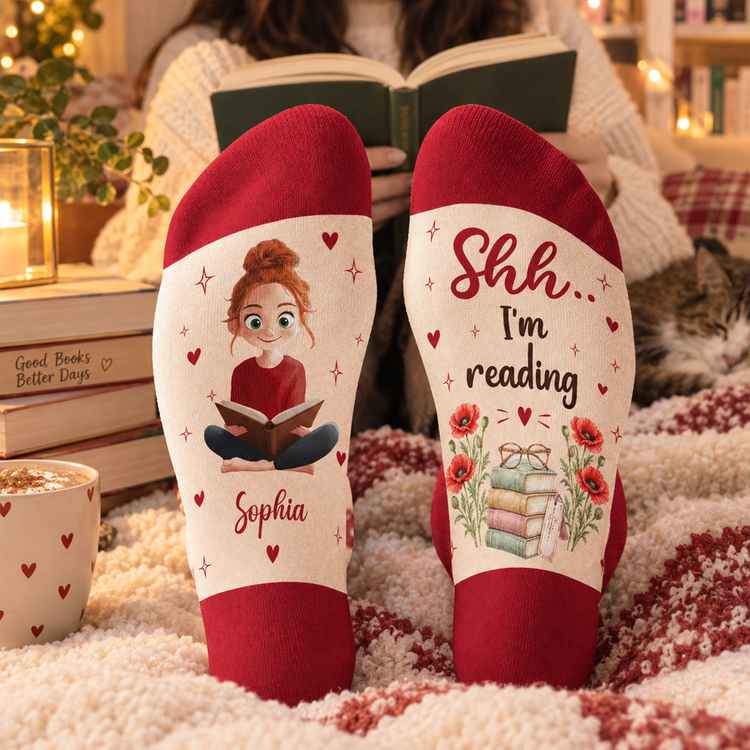 Custom Name & Birth Flower For Her Book Lovers Shh I'm Reading - Personalized Socks 1