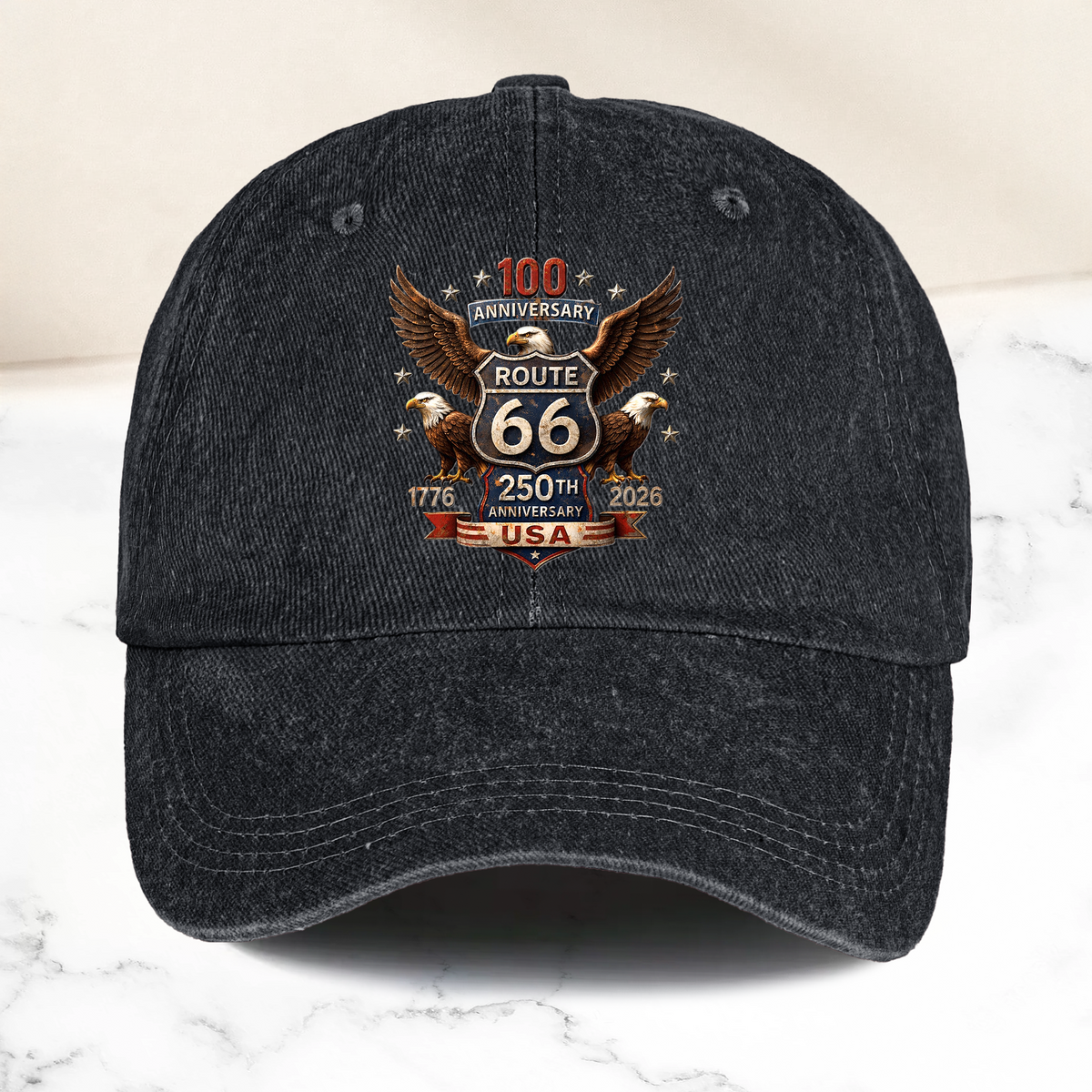 100 Years Route 66 250 Years USA - Personalized Distressed Denim Cap