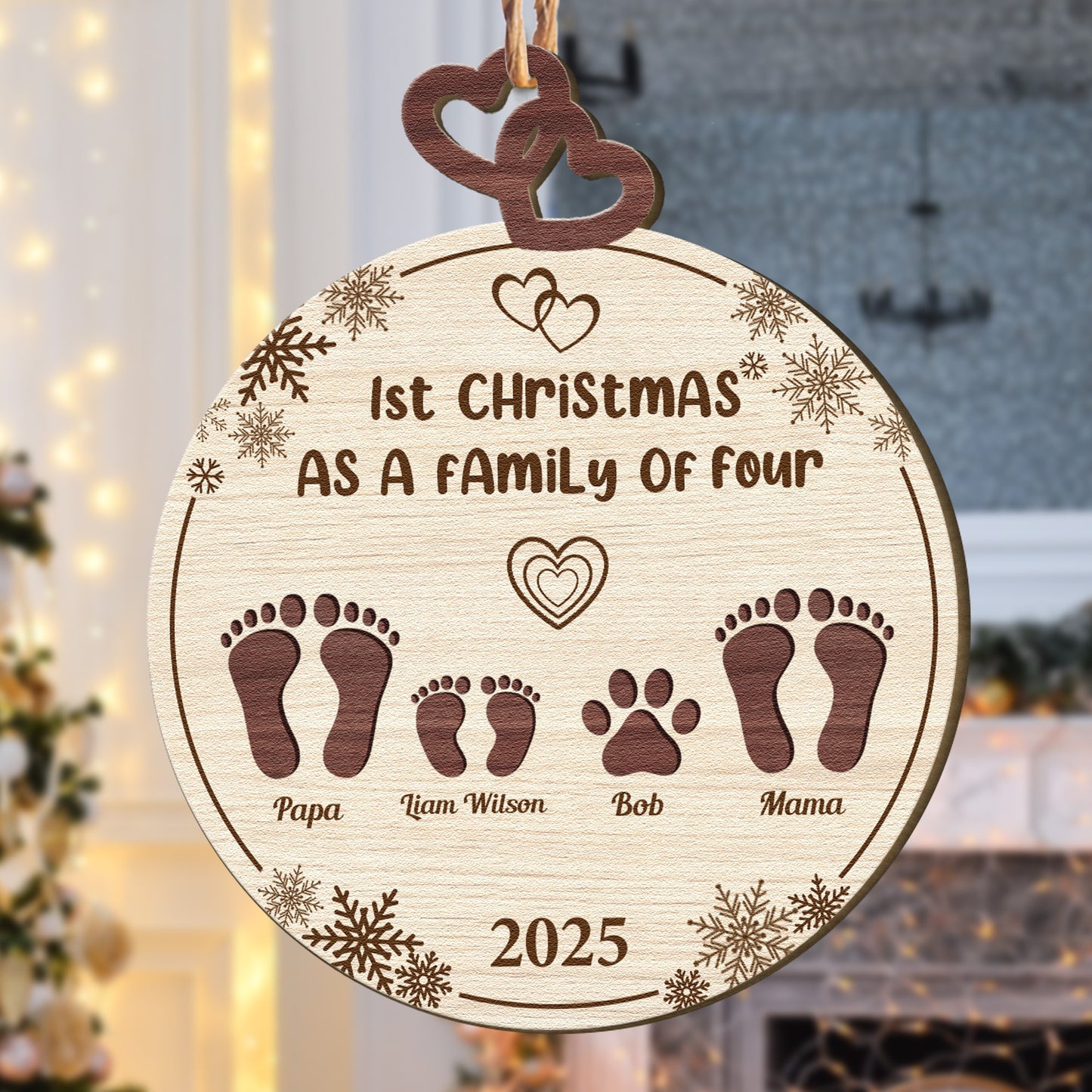 1st Christmas As A Family Of Four - Personalized Wooden Ornament