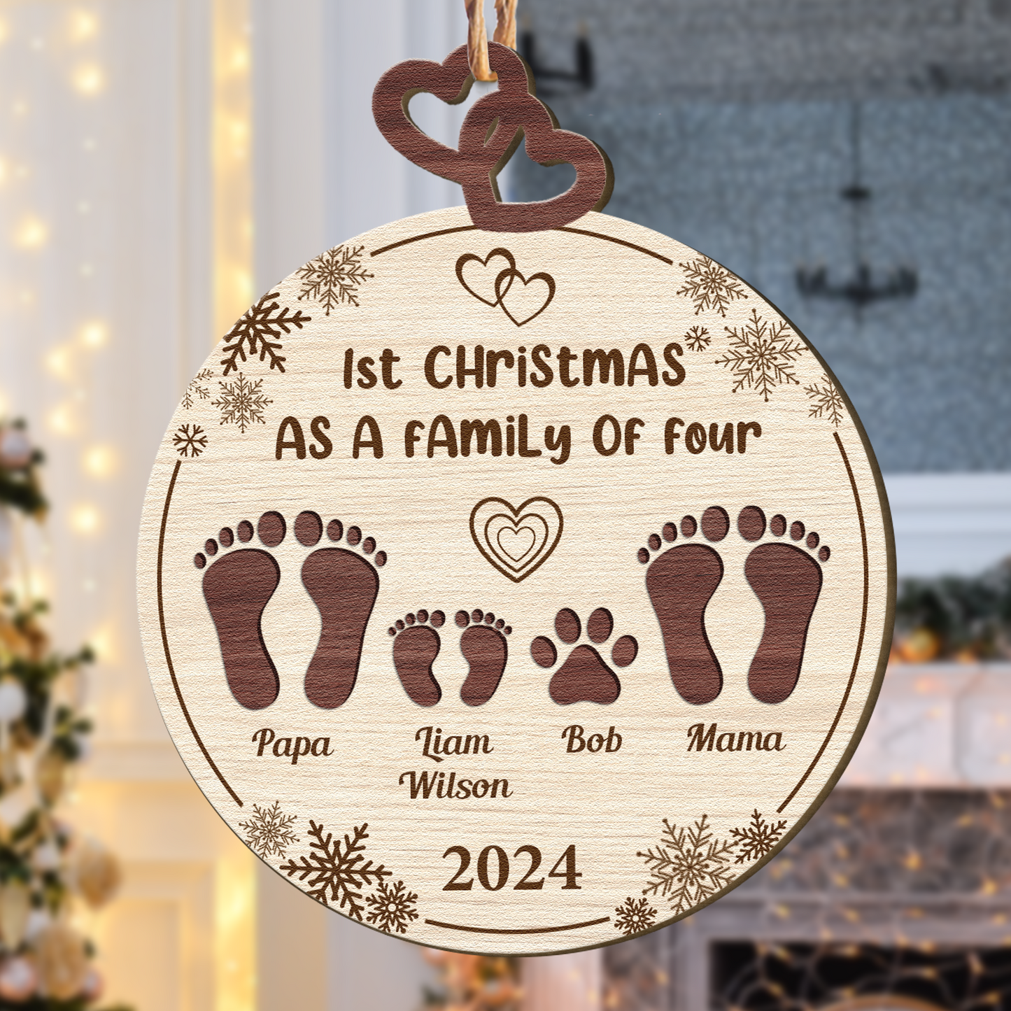 1st Christmas As A Family Of Four - Personalized Wooden Ornament