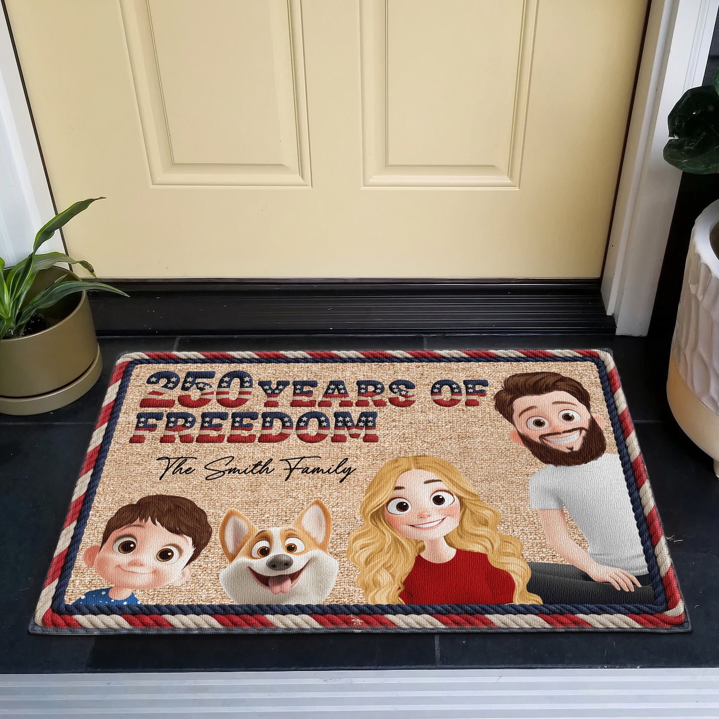250 Years Of Freedom 3D Family Version Faux Yarn Pattern - Personalized Doormat