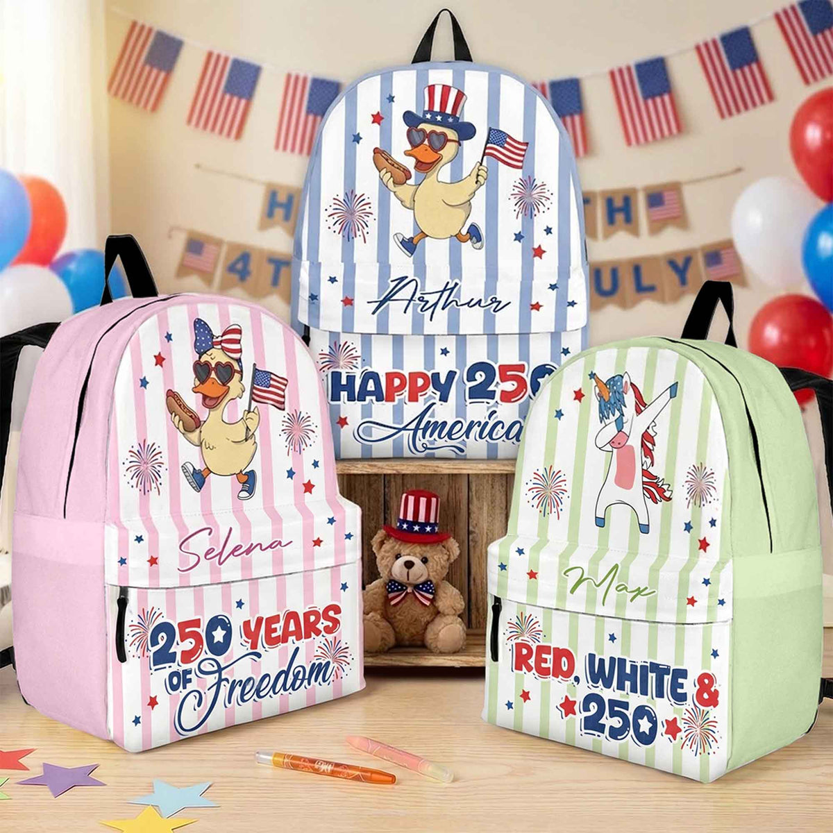 250-Years-Of-Freedom-Kids-Custom-Name-Patriotic-Goose,-Racoon-Personalized-Backpack-2