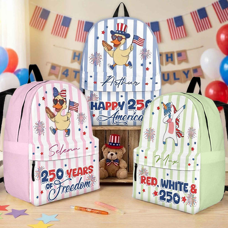 250-Years-Of-Freedom-Kids-Custom-Name-Patriotic-Goose,-Racoon-Personalized-Backpack-2