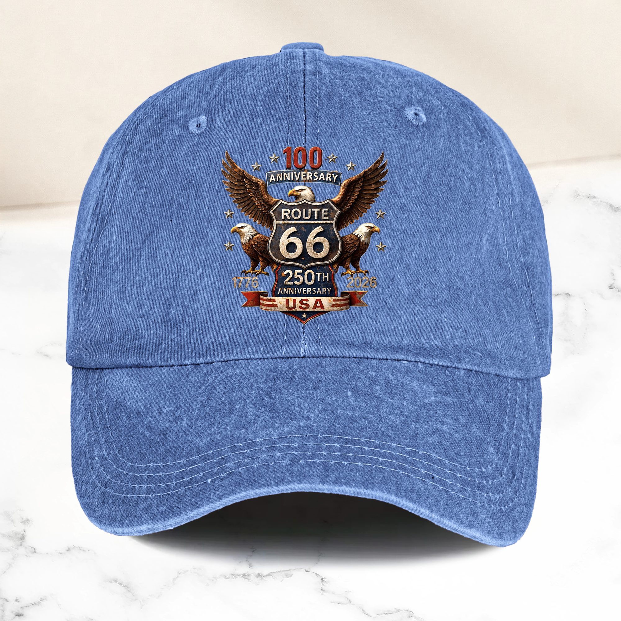 100 Years Route 66 250 Years USA - Personalized Distressed Denim Cap