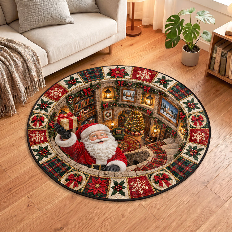 3D Christmas Round Rug, Secret Library Optical Illusion Floor Mat, Holiday Area Rug, Christmas Living Room Decor, Cozy Xmas Home Gift - Personalized Quilted Mat 1