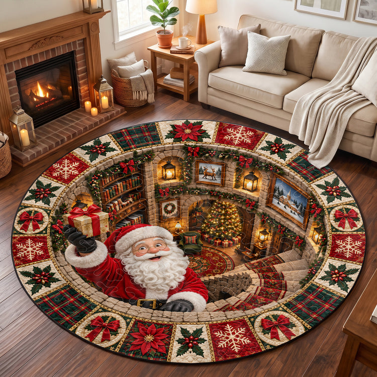 3D Christmas Round Rug, Secret Library Optical Illusion Floor Mat, Holiday Area Rug, Christmas Living Room Decor, Cozy Xmas Home Gift - Personalized Quilted Mat 2