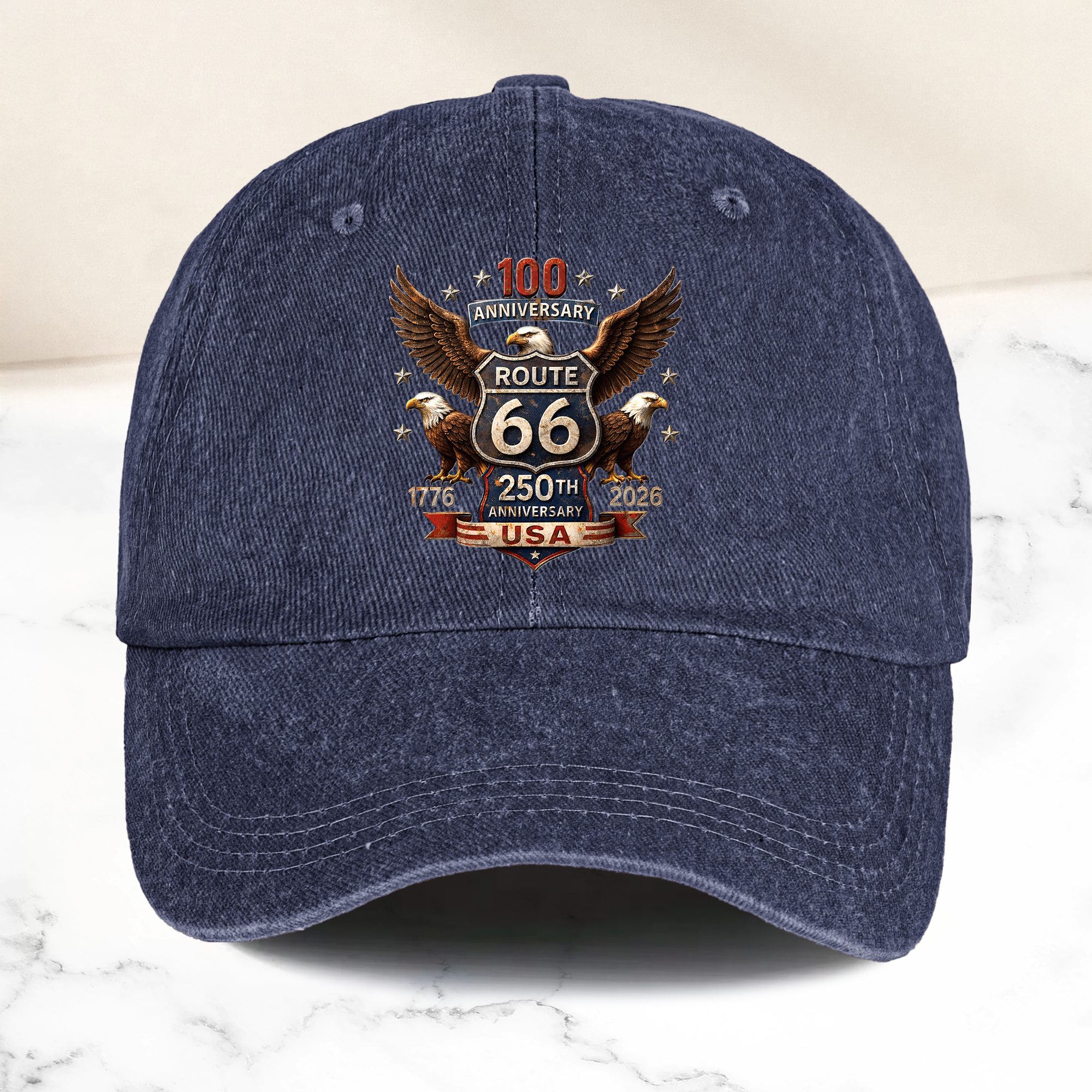 100 Years Route 66 250 Years USA - Personalized Distressed Denim Cap