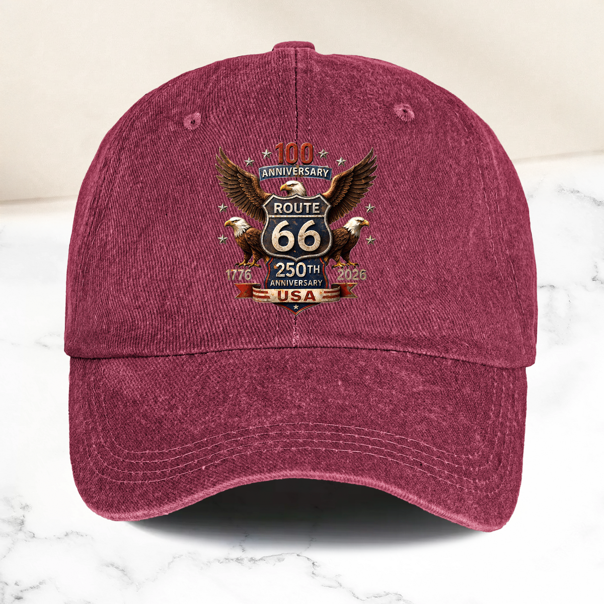 100 Years Route 66 250 Years USA - Personalized Distressed Denim Cap