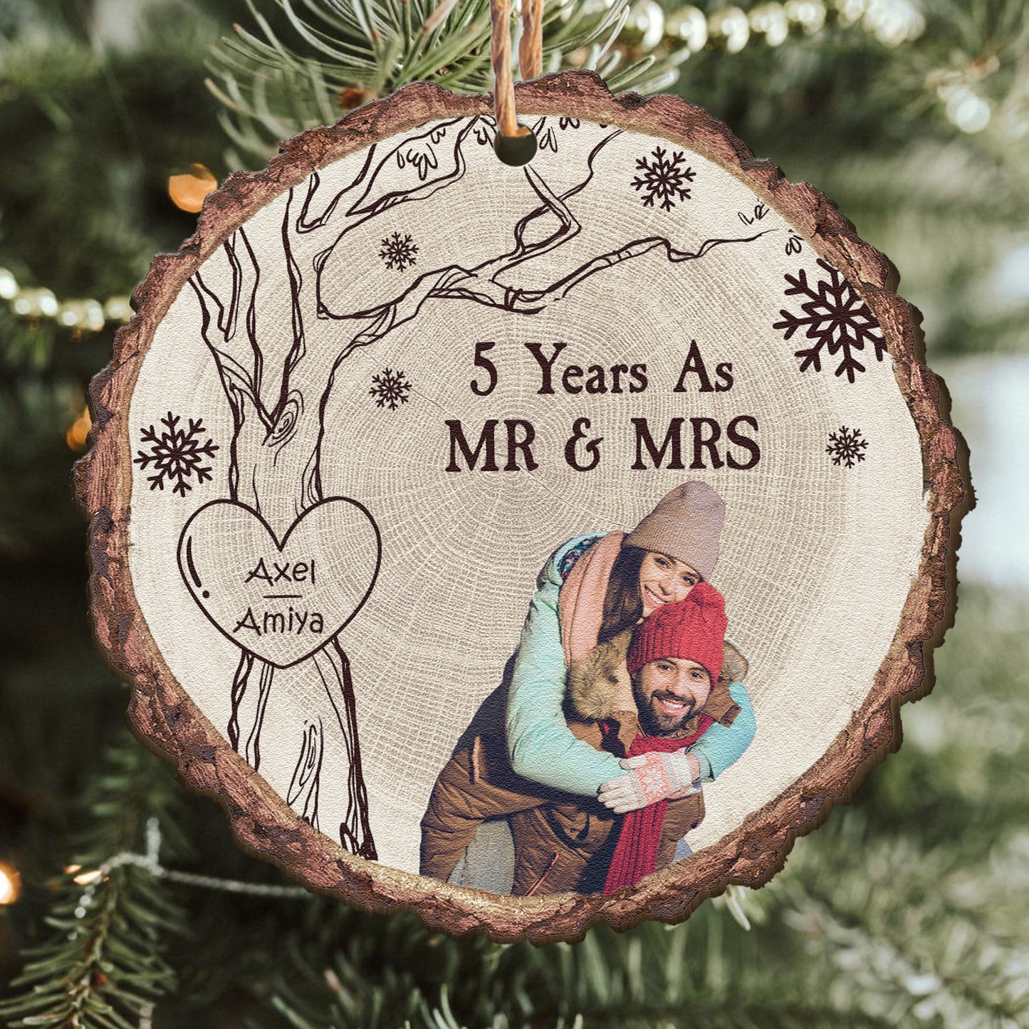 5th Anniversary As Mr & Mrs Christmas Gift - Personalized Wooden Photo Ornament